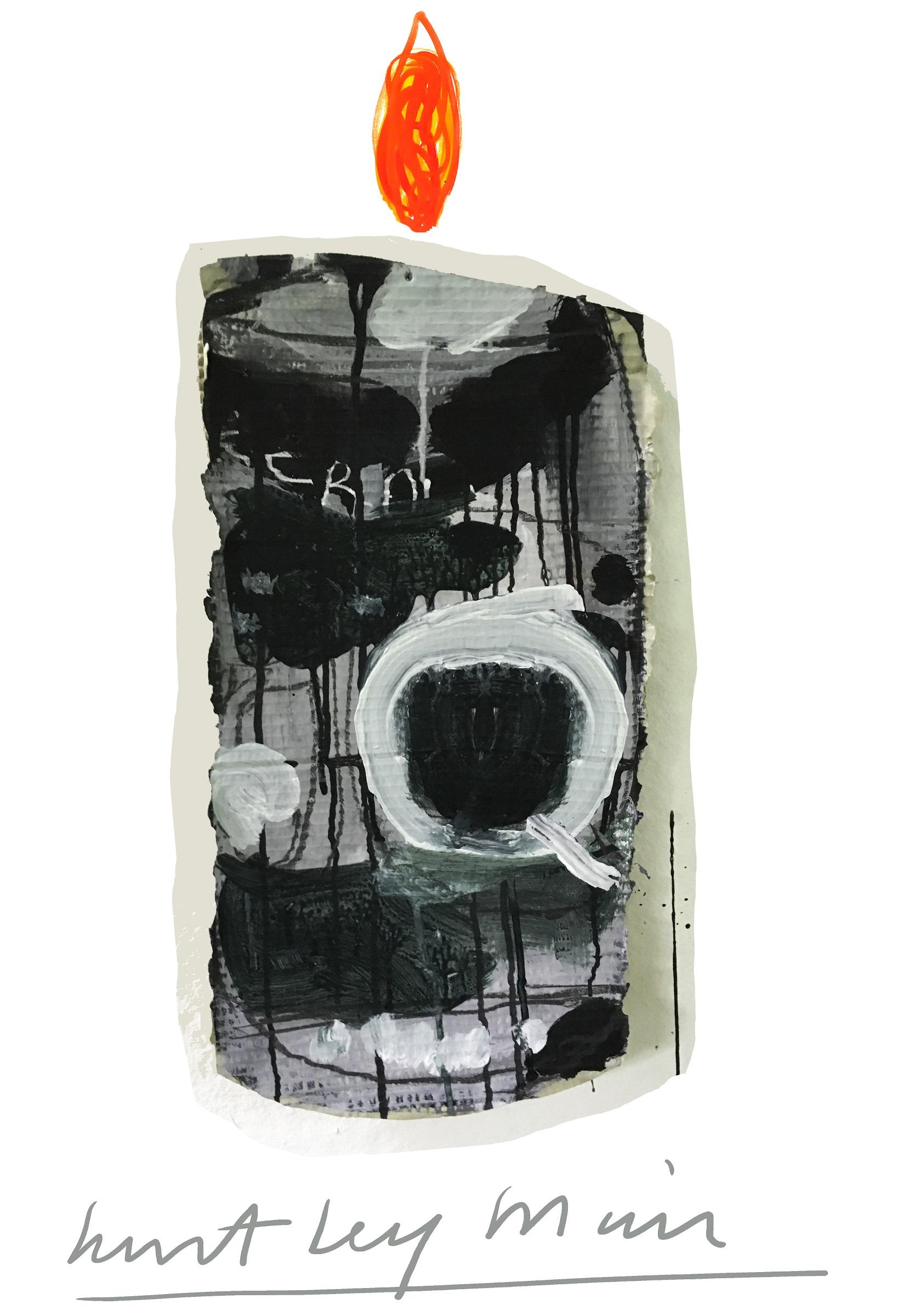 Collaged and painted illustration of a candle 