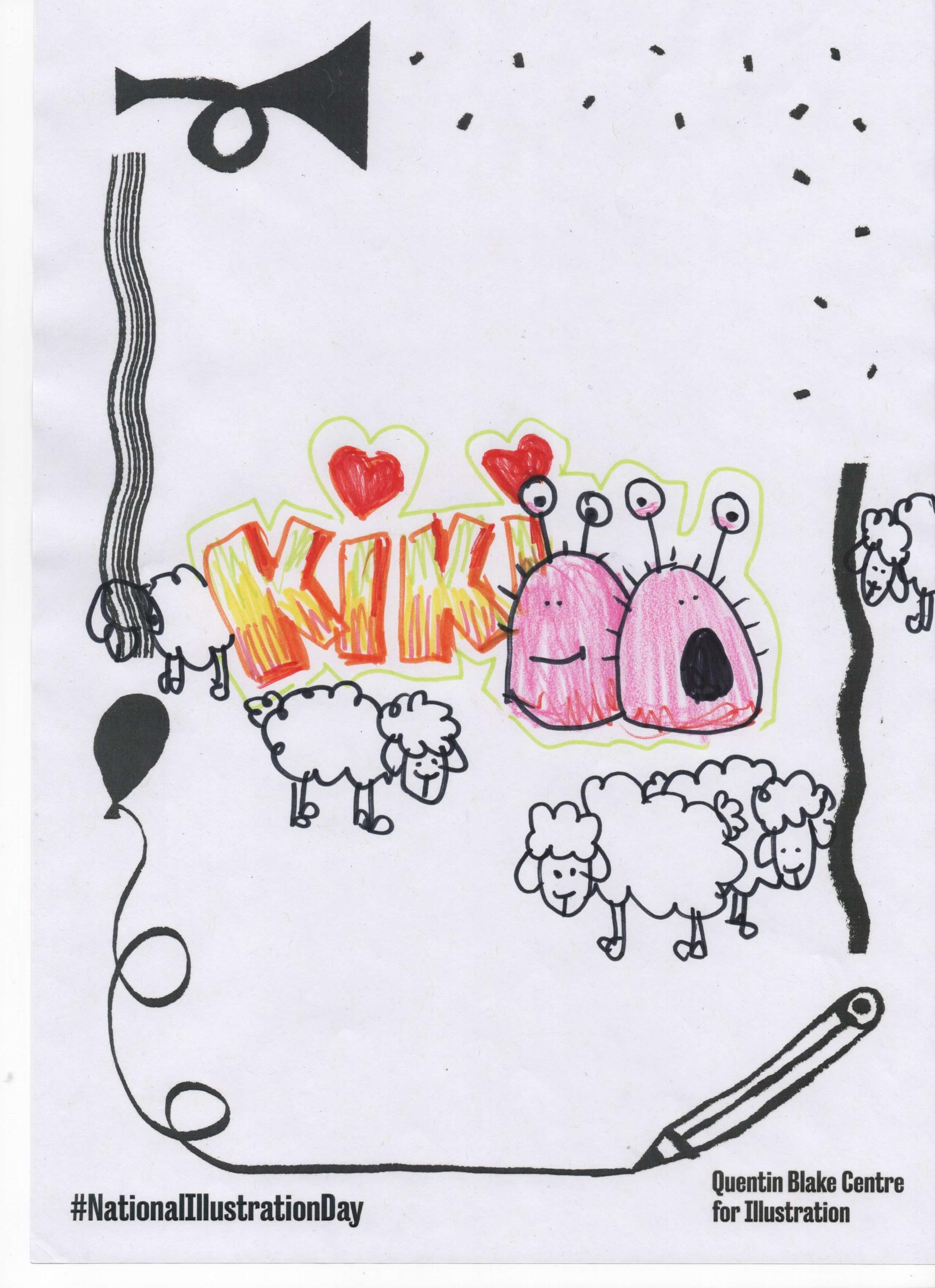 Doodles of sheep and smiling pink alien blobs. The picture includes the name 'Kiki' written in 3D-style block letters with red hearts dotting the 'i's.