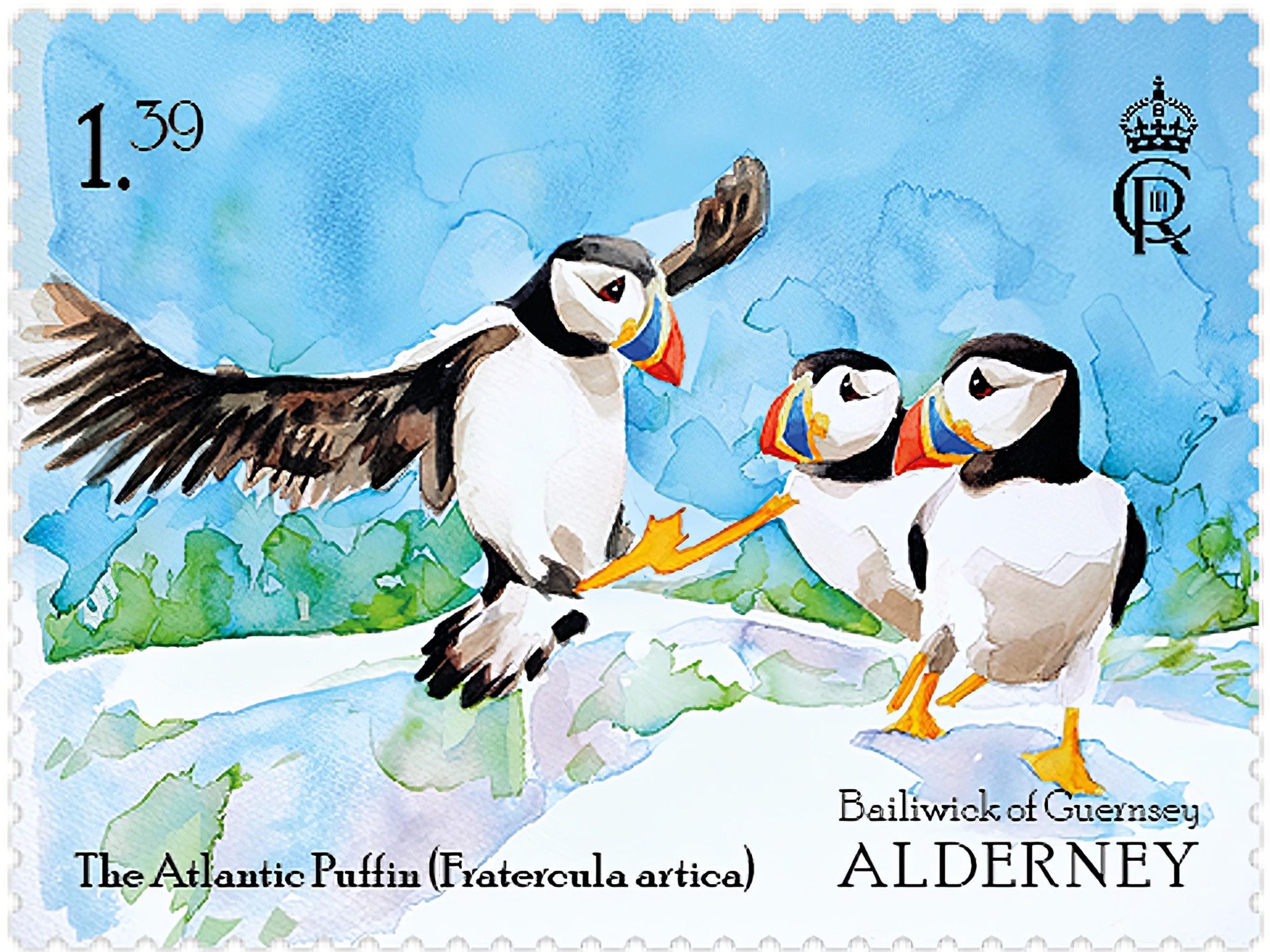 A postage stamp featuring a watercolour illustration of three puffins against a blue sky