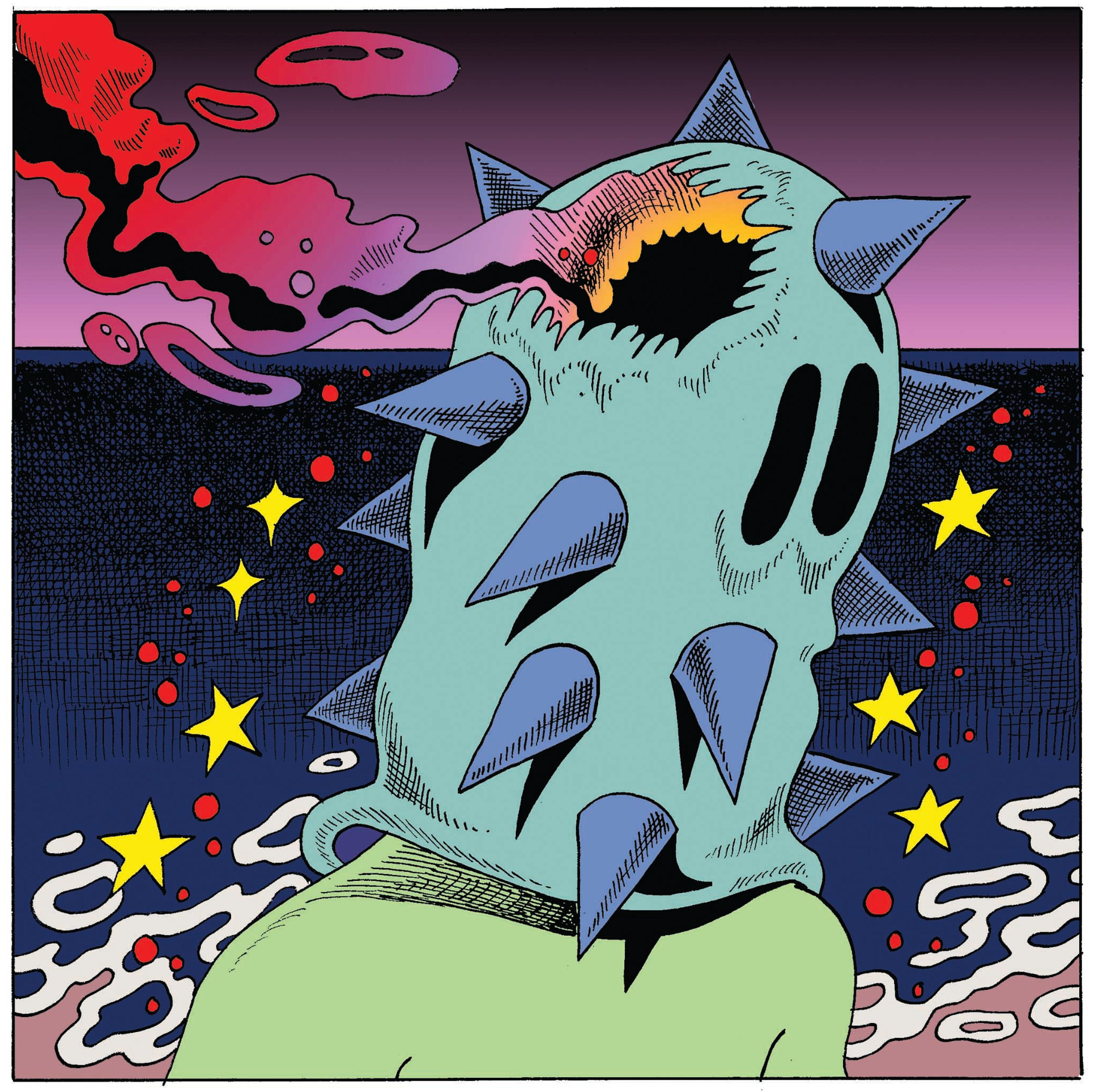 An illustration of a person with a covering over their head with spikes on it. They have a hole in their head with smoke coming out from it. They appear to be standing on a beach with the sea behind them. The sky is pink.