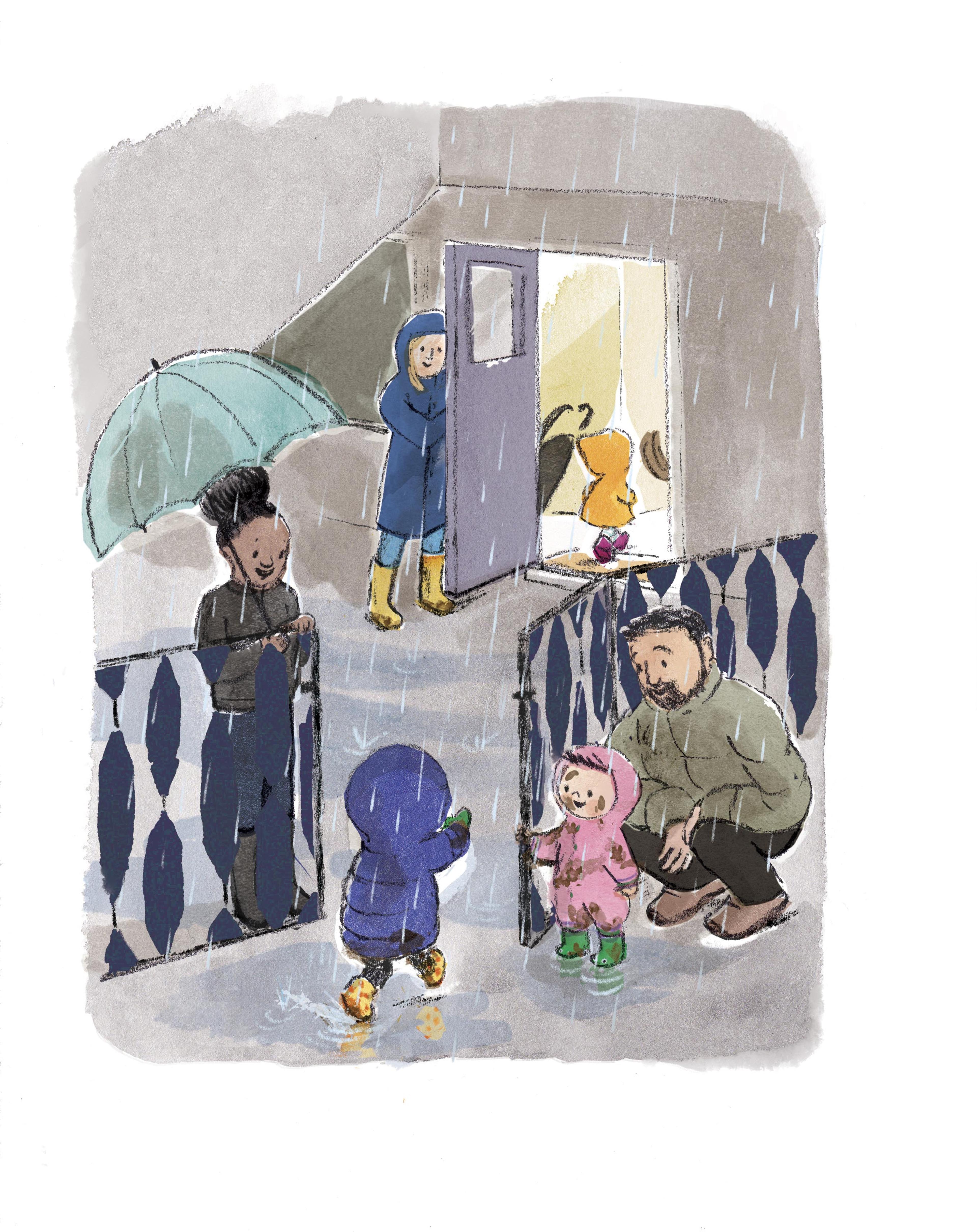 Illustration of three children and three adults in the rain, they are arriving at a building.