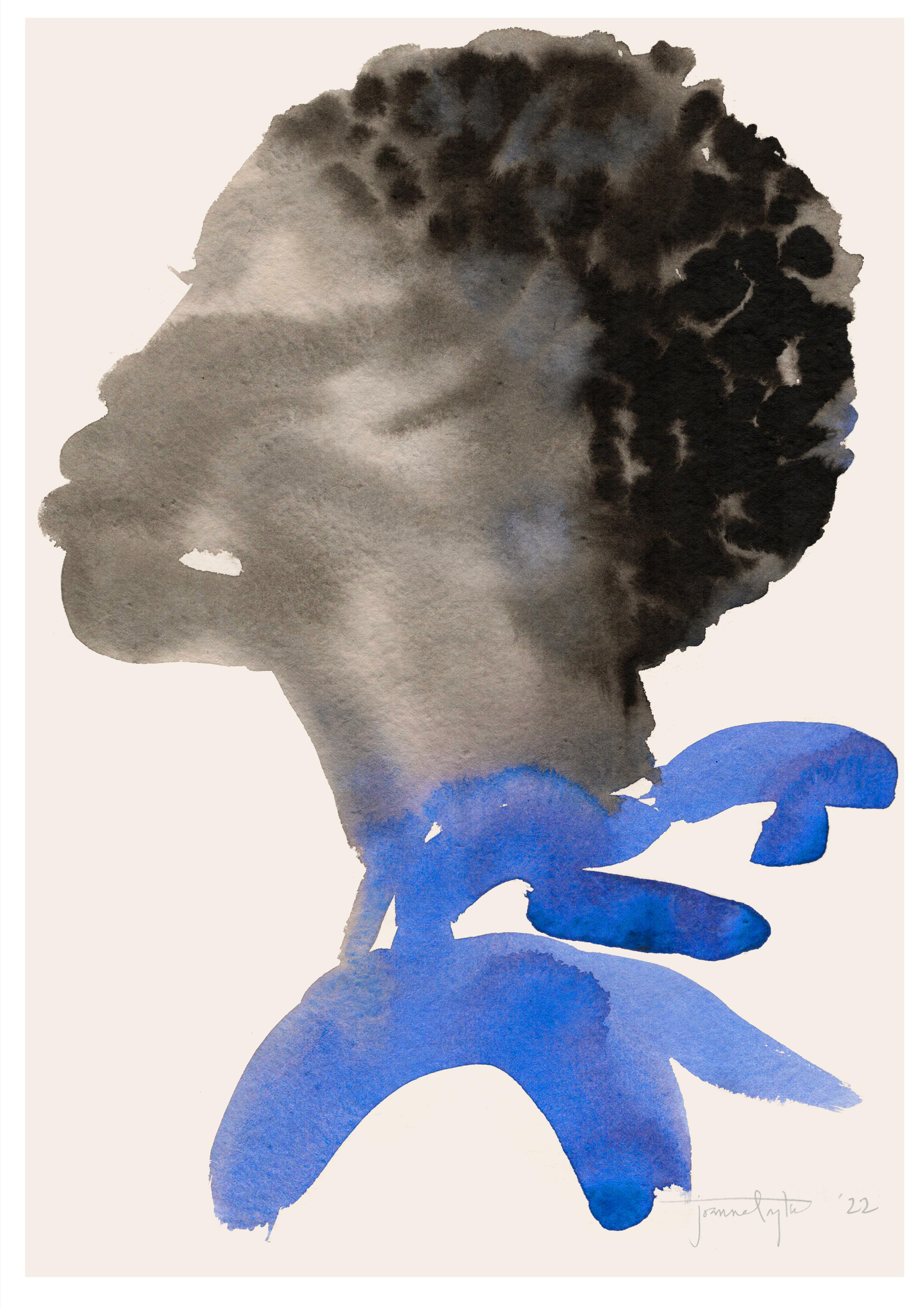 Ink portrait of a figure's head with details from a blue top