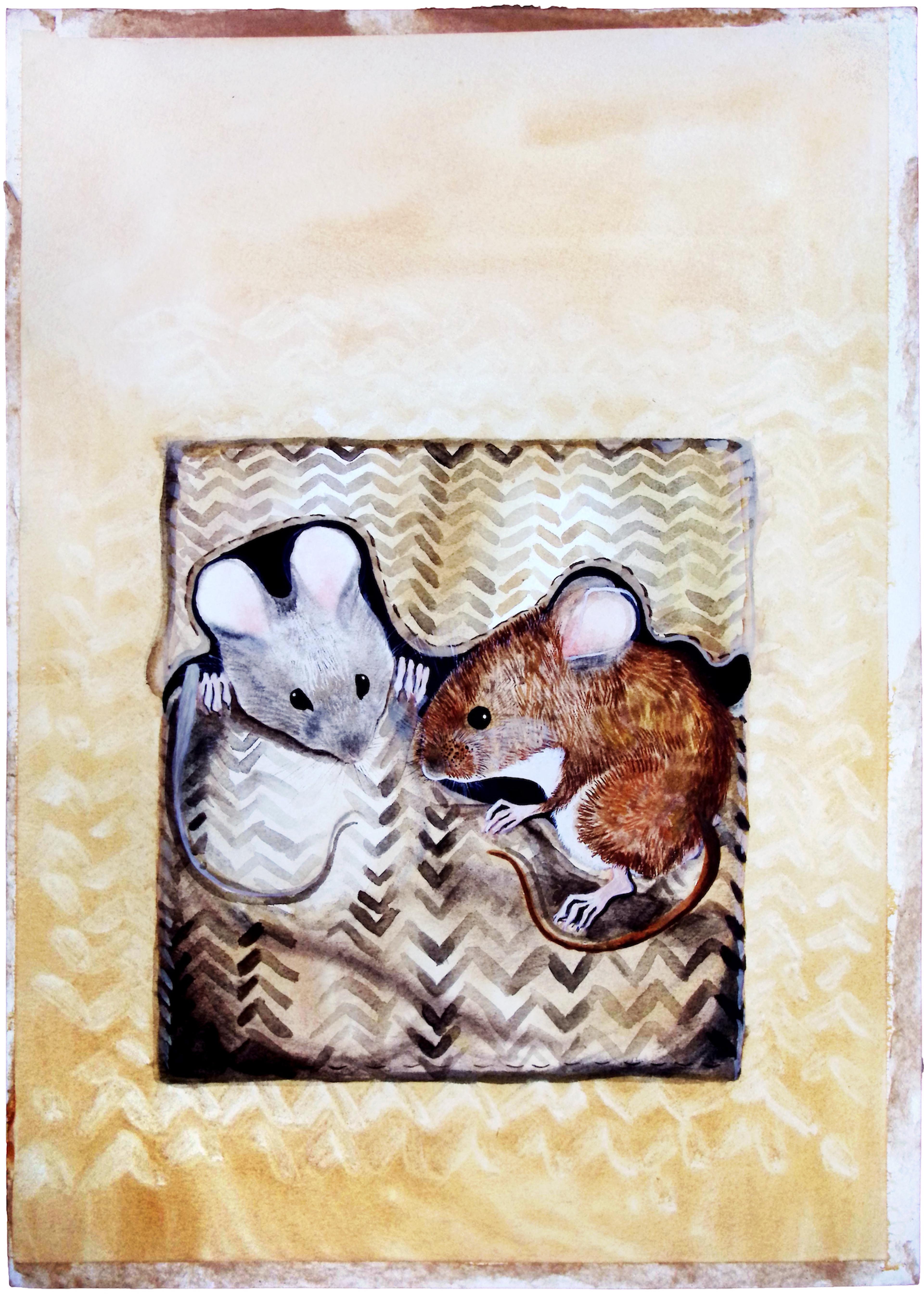 Painting of a grey and a brown mouse inside a brown herringbone coat pocket