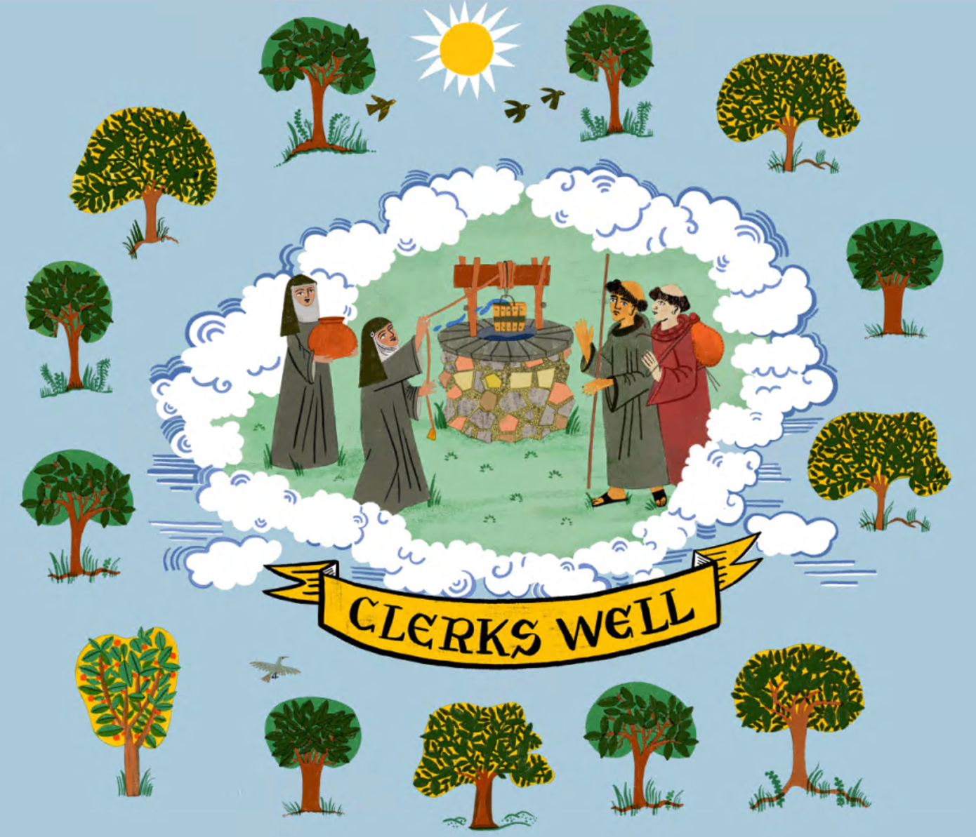 Illustration showing nuns and monks using a well, surrounded by 