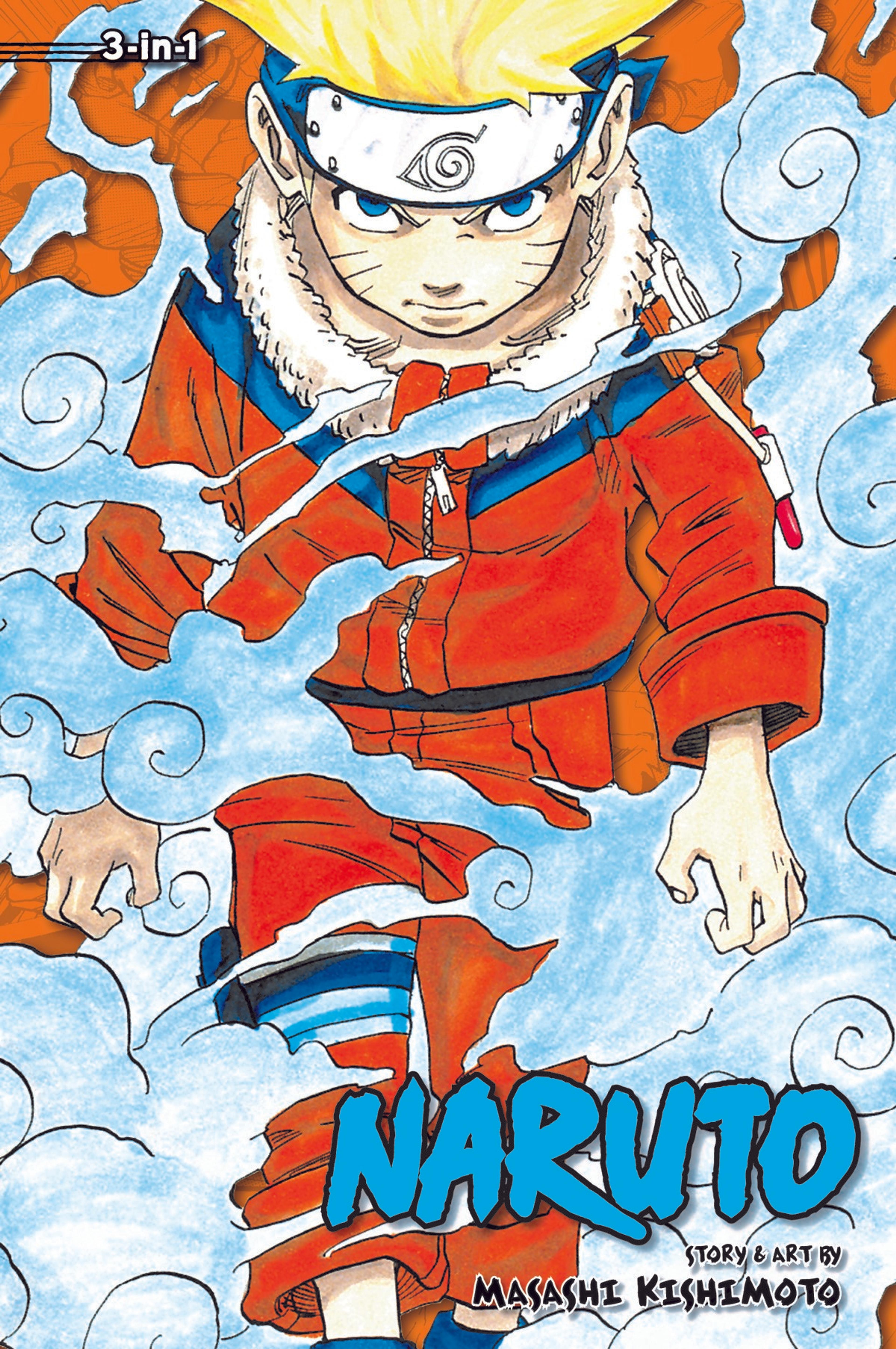 Front cover of book, Naruto (3-in-1 Edition) by Masaschi Kishimoto, with an illustration of a person emerging from water or smoke.