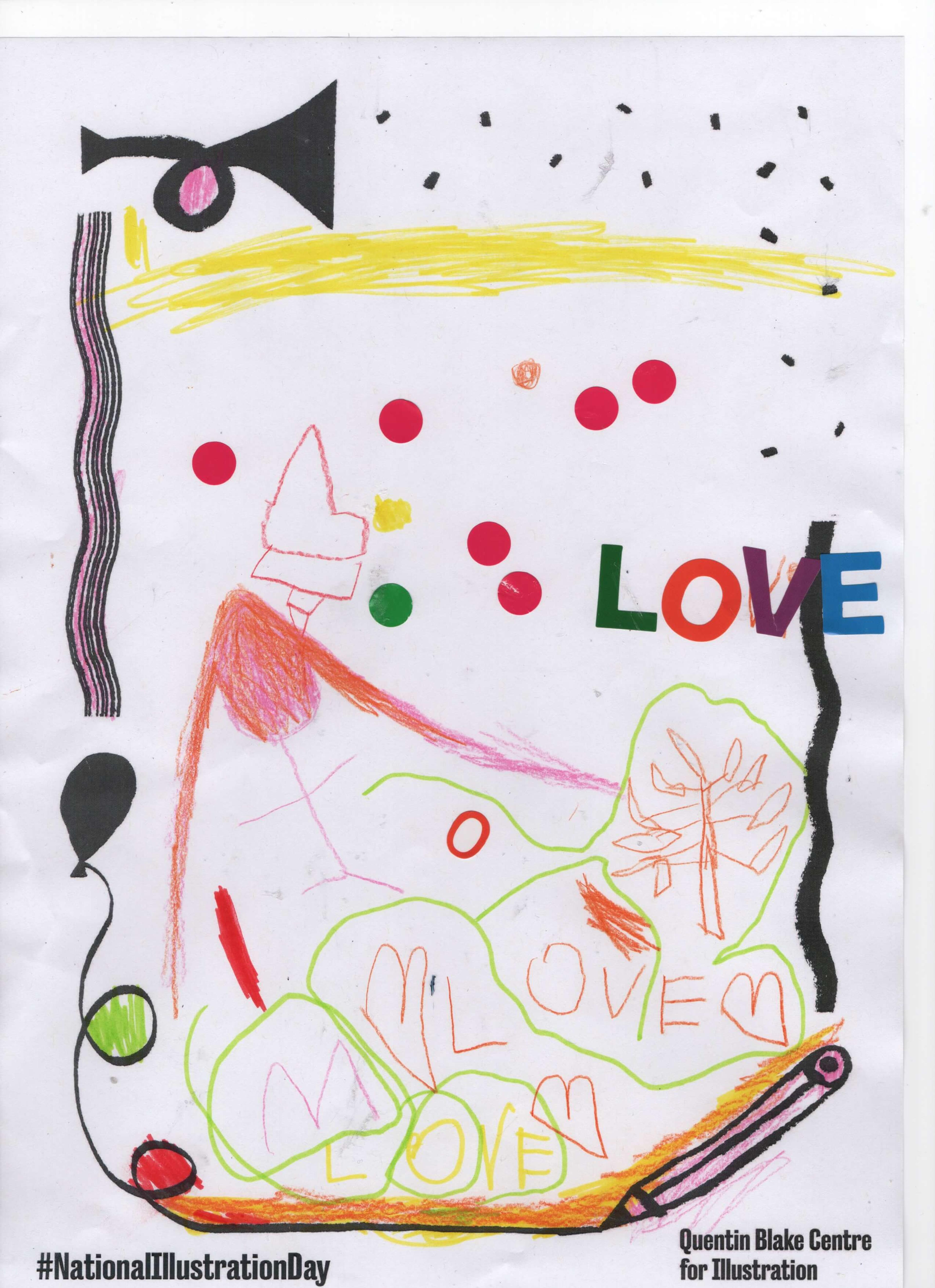 Abstract outlines made using coloured pencils. The picture includes the word "love" written several times, including once using colourful alphabet stickers.