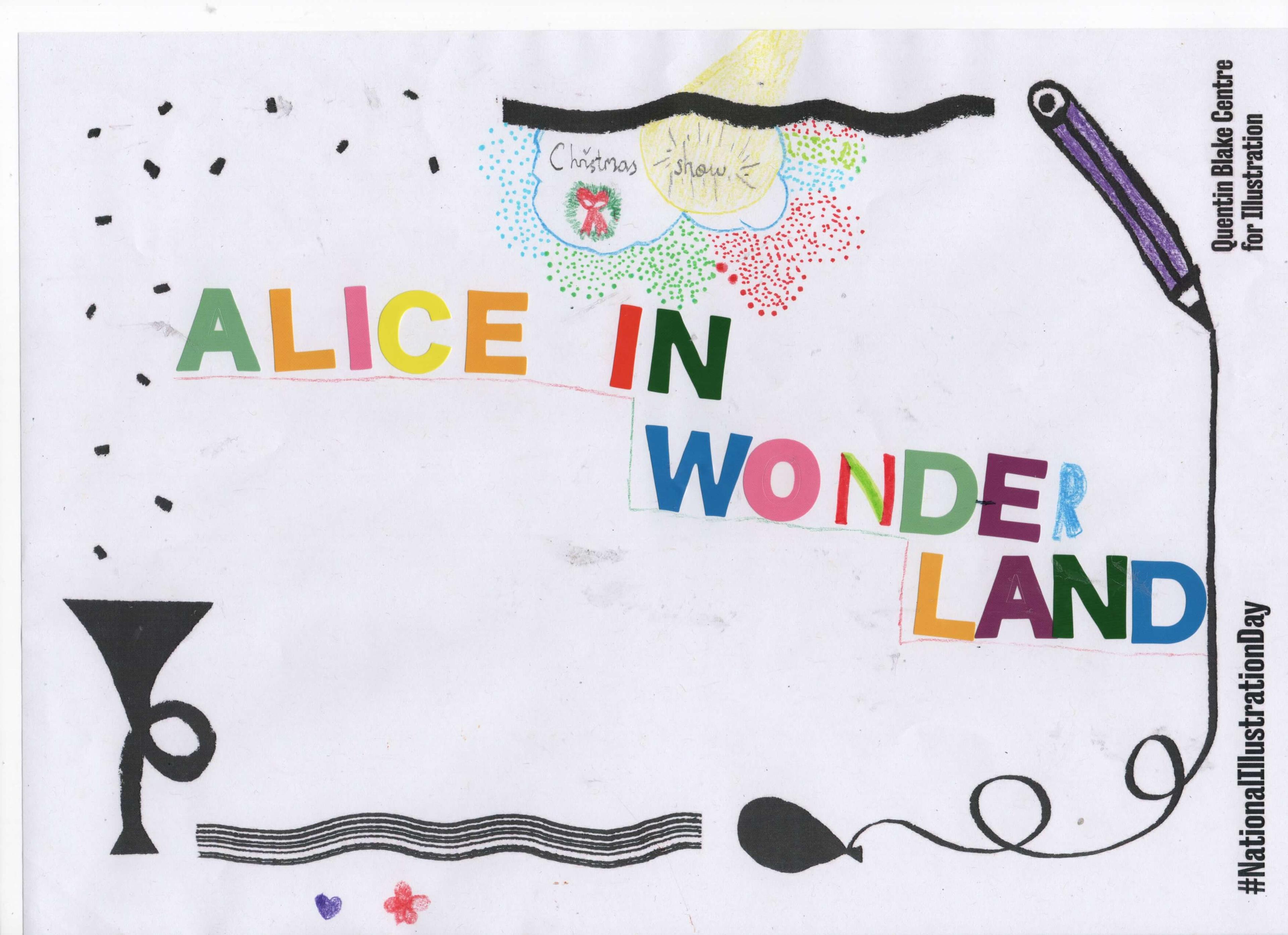 'Alice in Wonderland' stuck on using colourful alphabet stickers. 