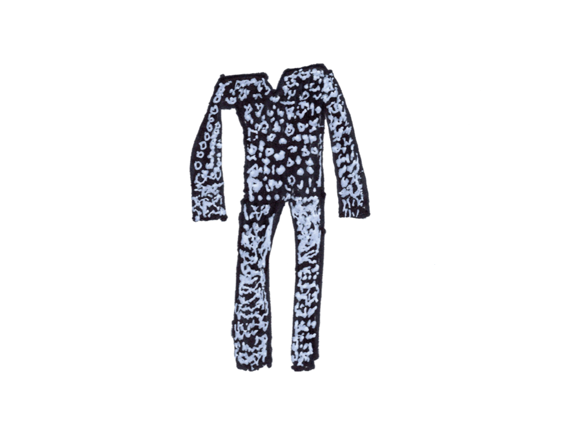 Illustration of a black jacket and trousers with white decoration all over