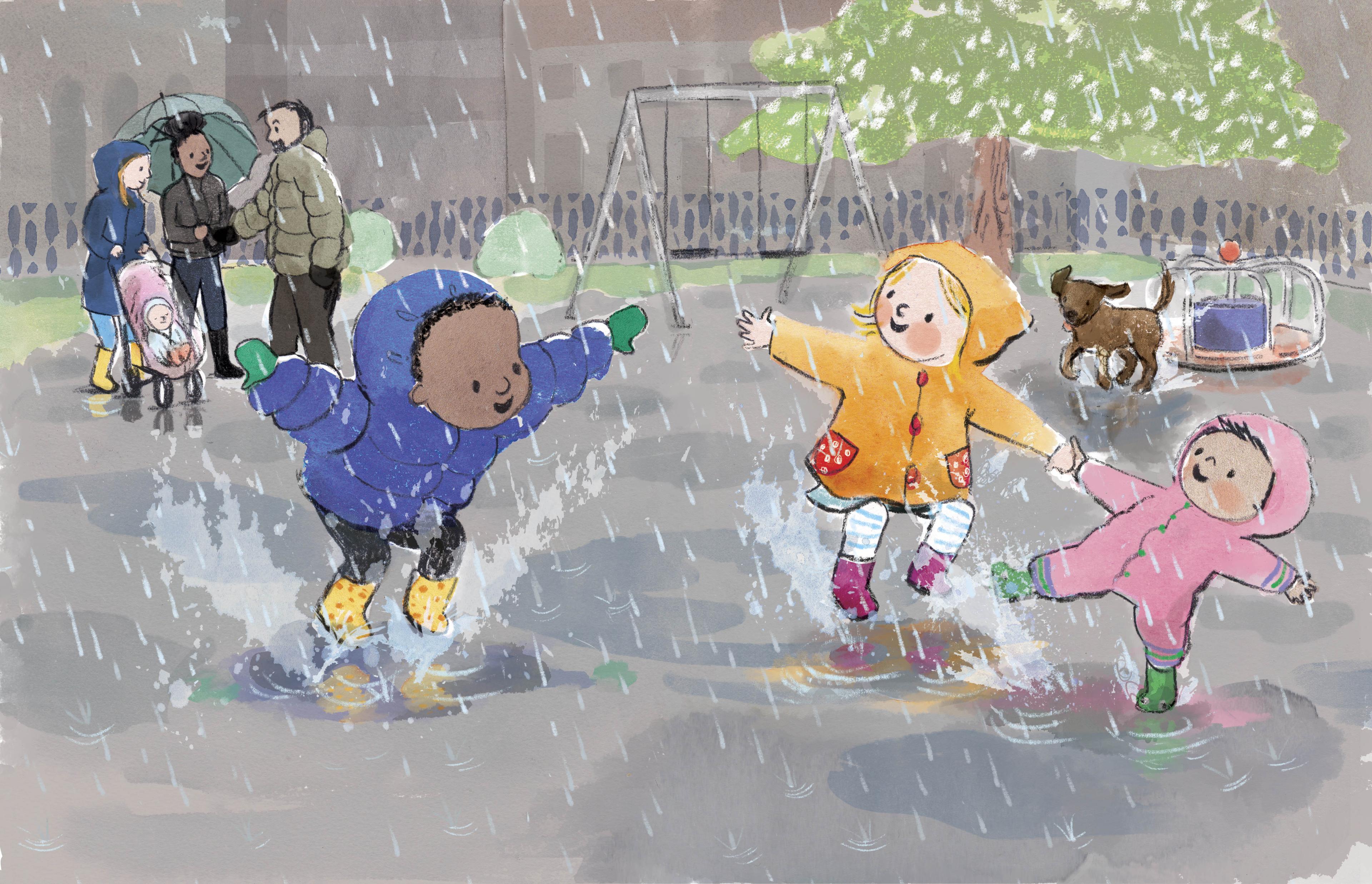 An illustration of three children splashing in puddles in a park, there are a group of adults and a child in a pram in the background.
