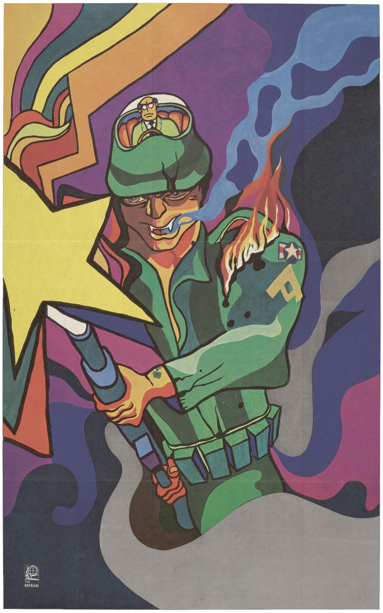 Poster depicting a solider holding a gun. He has vampire teeth and the top of his head is removed to expose a small man with spectacles sitting at a steering wheel, in place of his brain. The soldier's right shoulder is on fire and behind him are psychedelic patterns.