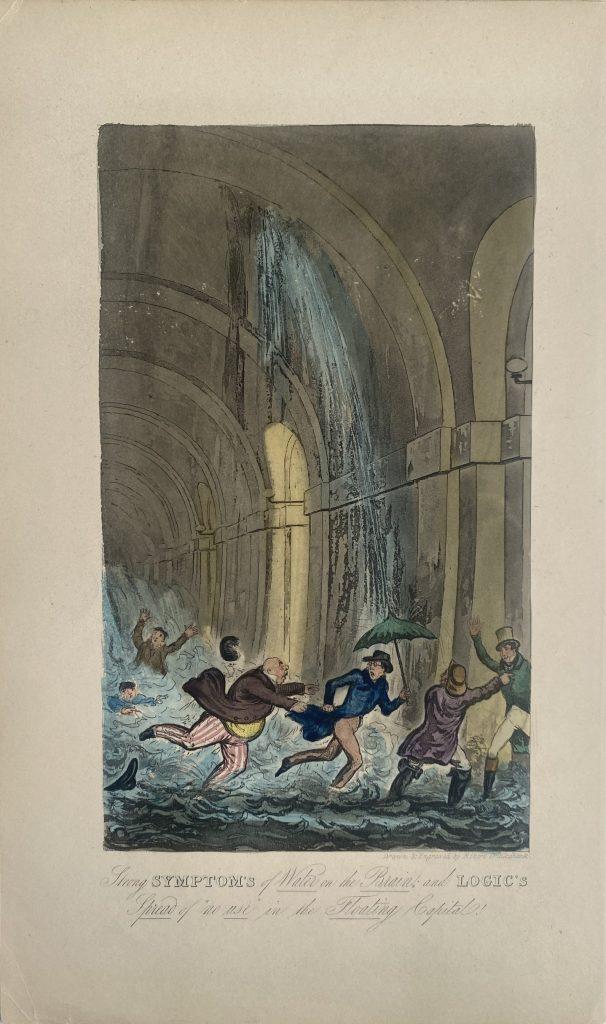 Victorian cartoon of people fleeing a flooding tunnel, water gushing from arches. Characters show alarm, running with umbrellas amid chaos.