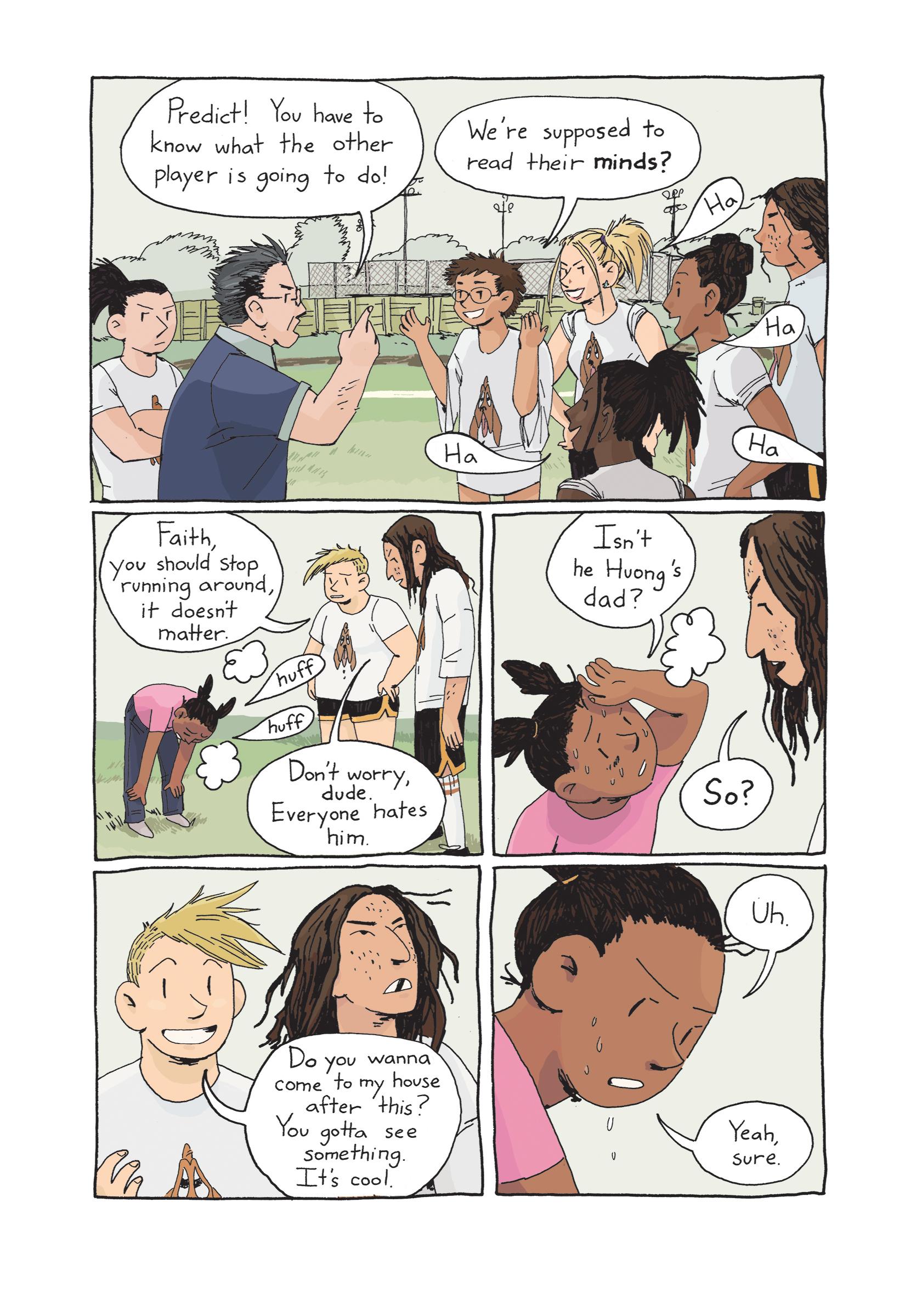 Comic panels showing a group of people on a grassy field, some wearing sportswear. A coach figure gestures to the group, while another panel shows one person from the group being consoled by teammates after seeming to struggle. The final panels show two young people interacting, one inviting the other to their house.