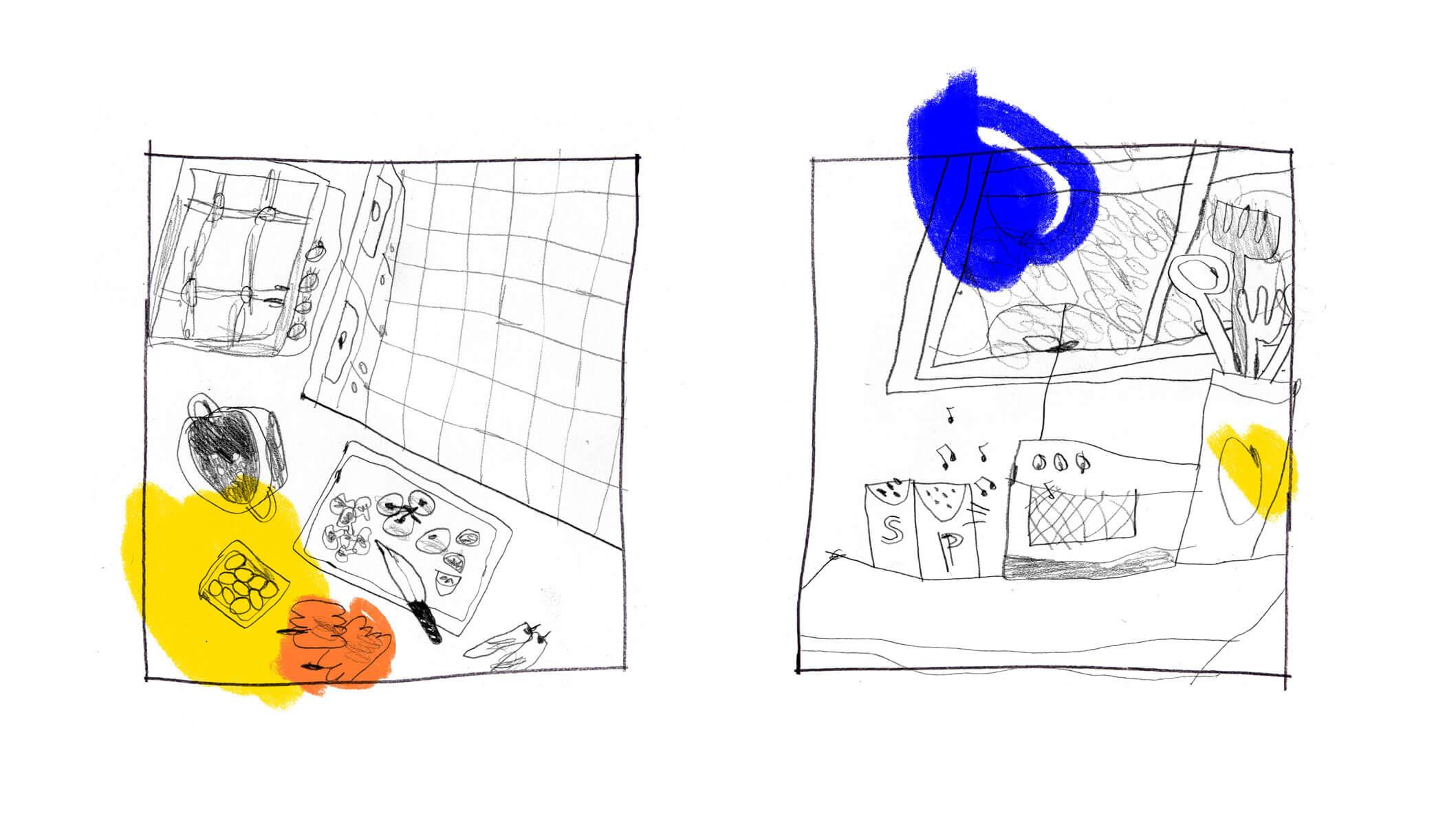 Two comic panels with scenes from a kitchen