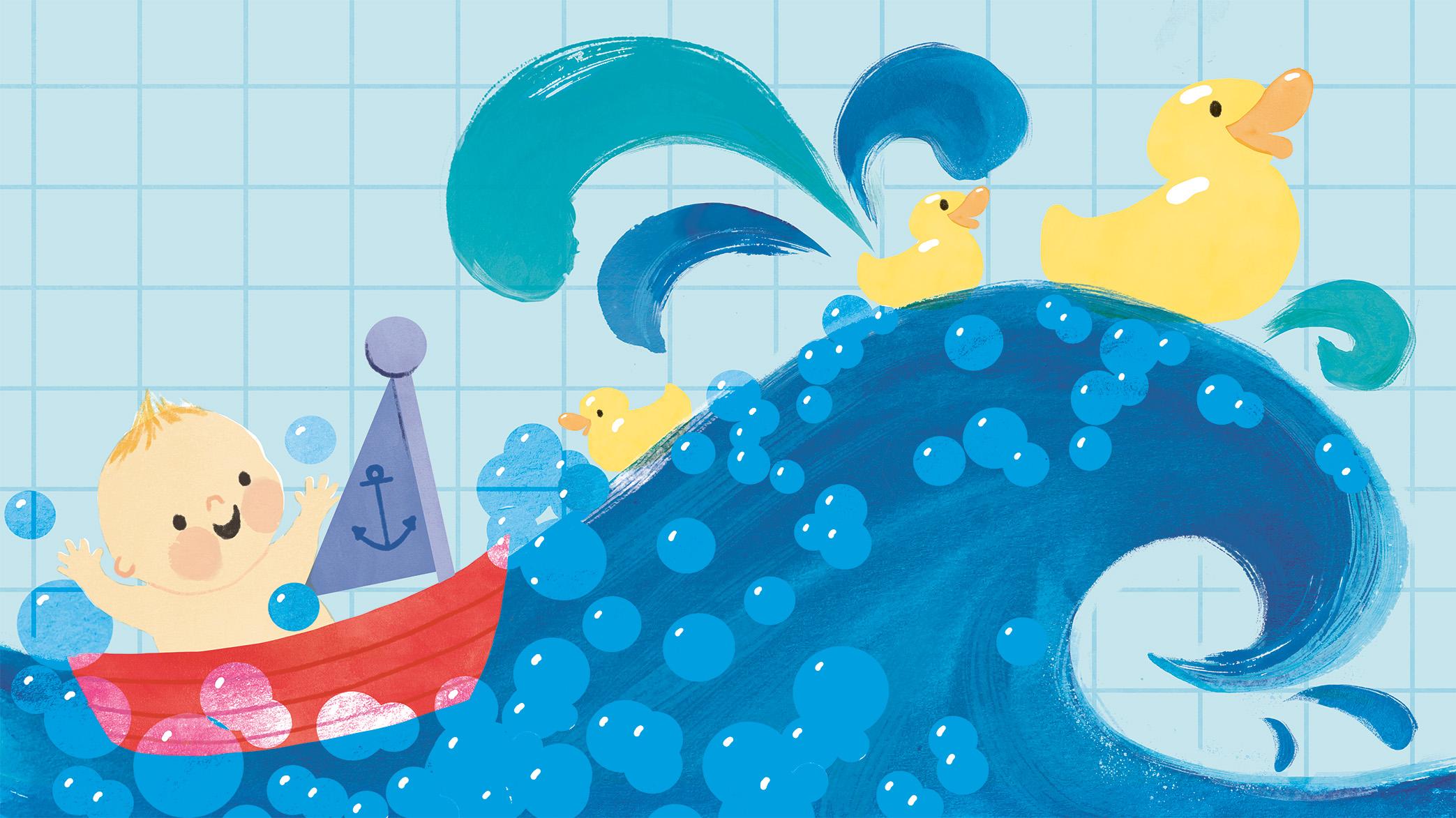 An illustration by Claire Alexander, showing a happy baby floating in a red boat in a bubbly bath with waves and three yellow rubber ducks, against a light blue tiled background.