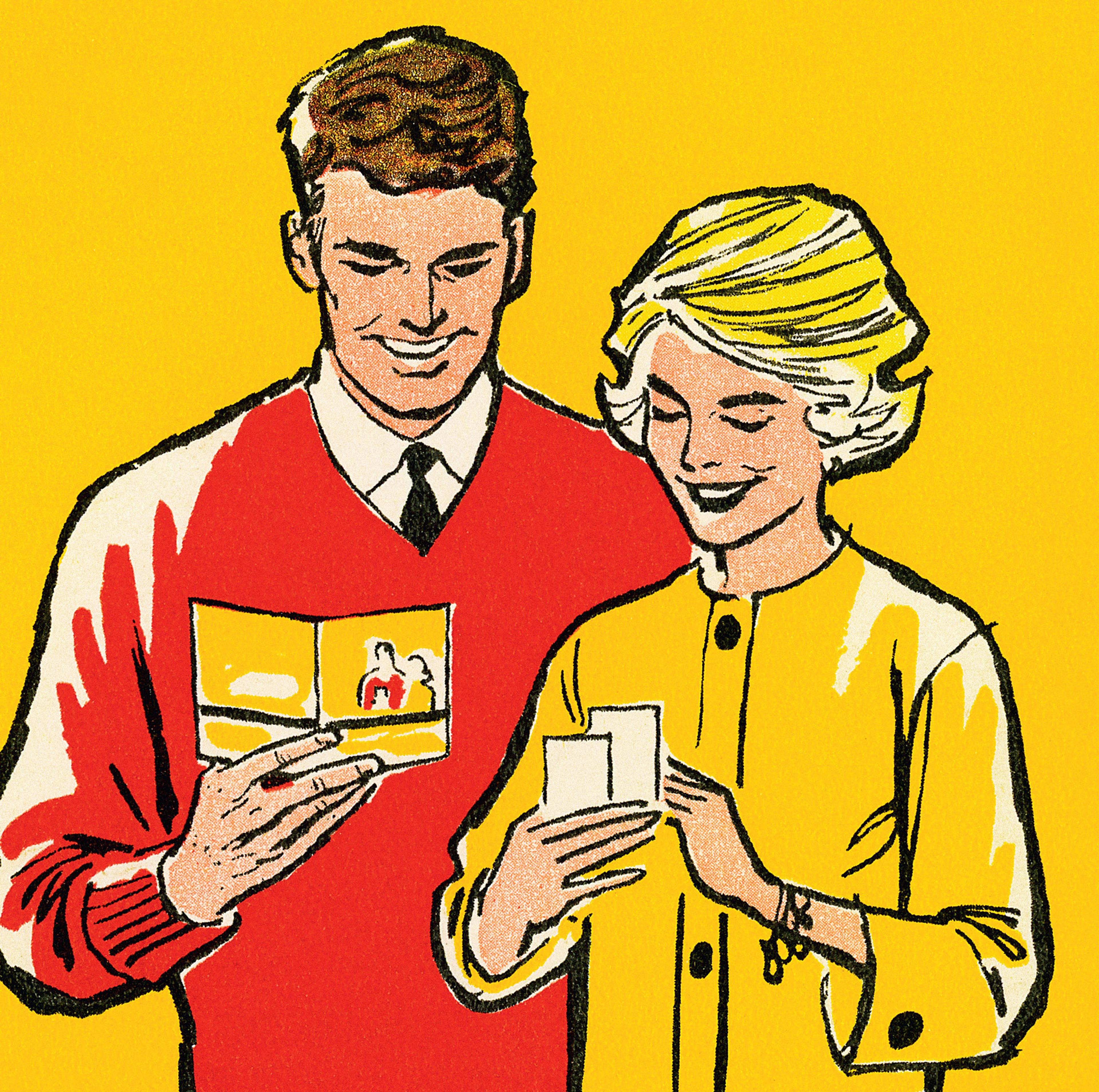 Red and yellow illustration of two people looking at pieces of paper in their hands, both people smiling.