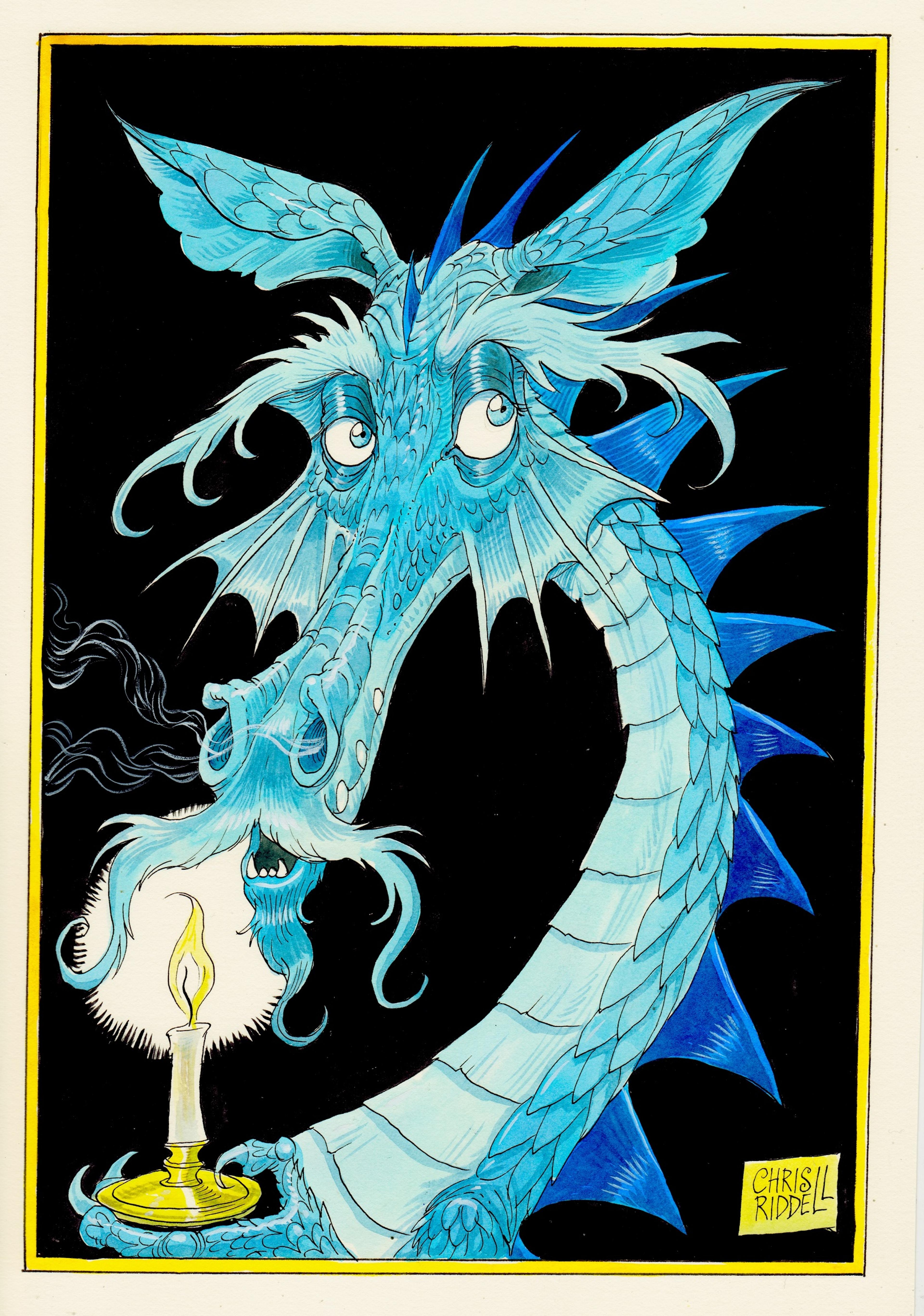 Illustration of a blue dragon with a candle