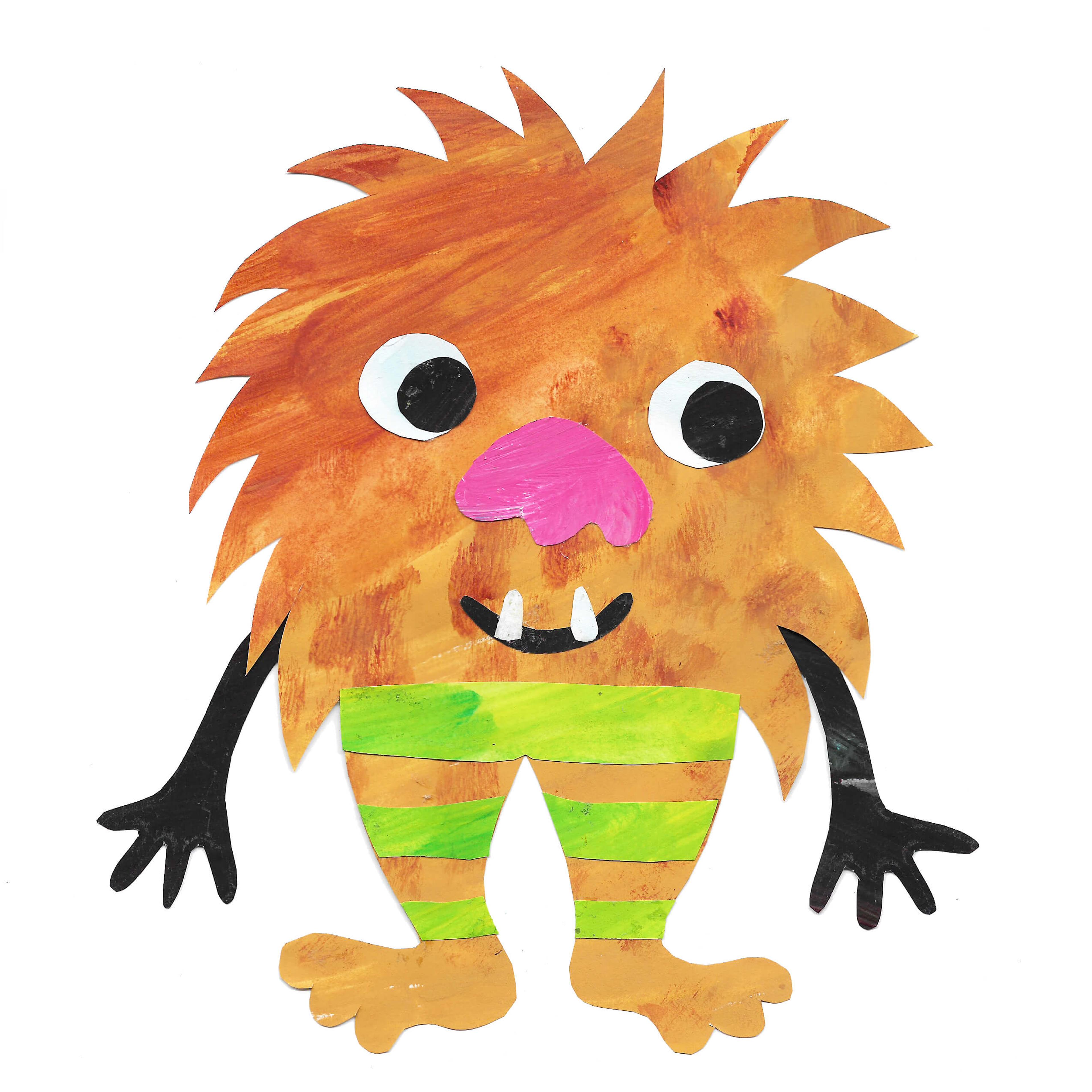 A brown furry little creature with a smiling face and striped legs, created using textured collage paper.