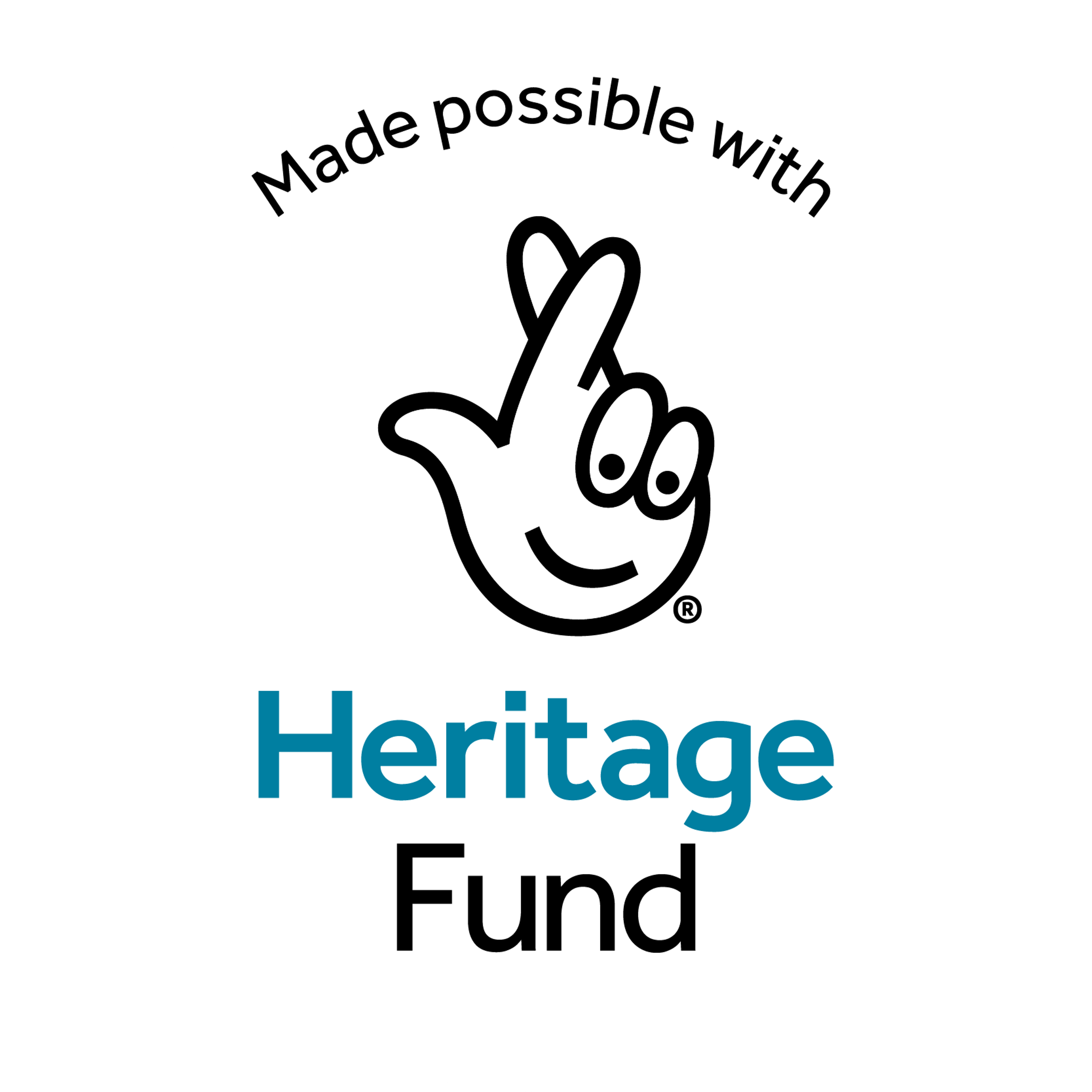 The National Lottery Heritage Fund logo with a graphic of a hand with crossed fingers and two dots for eyes and a line for a mouth.