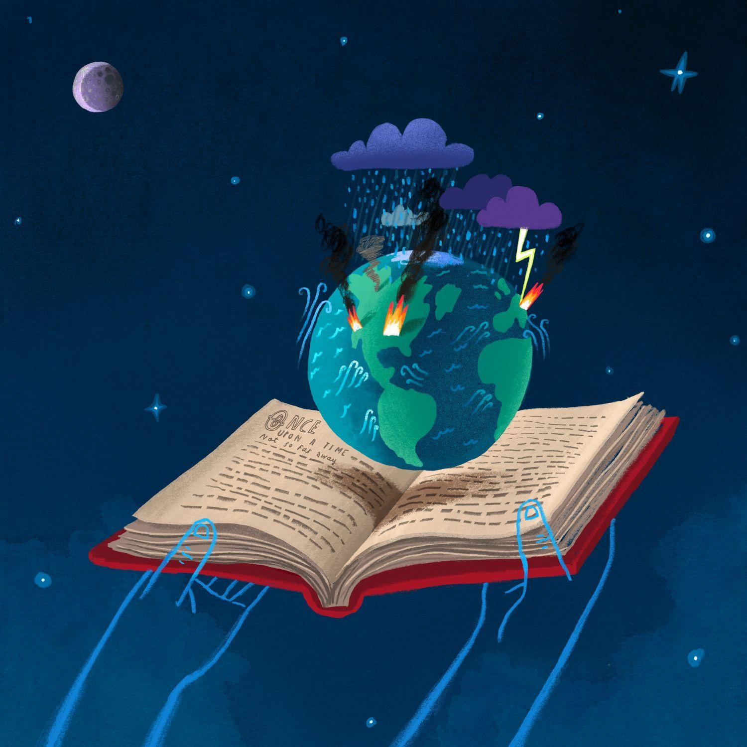 An open book floats in space, with a globe emerging from its pages. The globe is struck by storms and fires, under a starry night sky.
