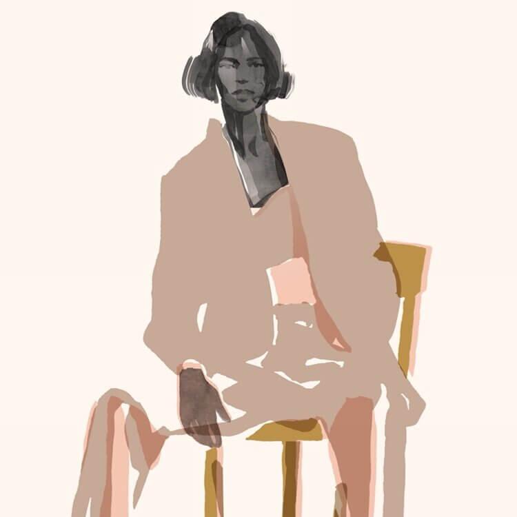 Illustration of seated figure wearing pantsuit.
