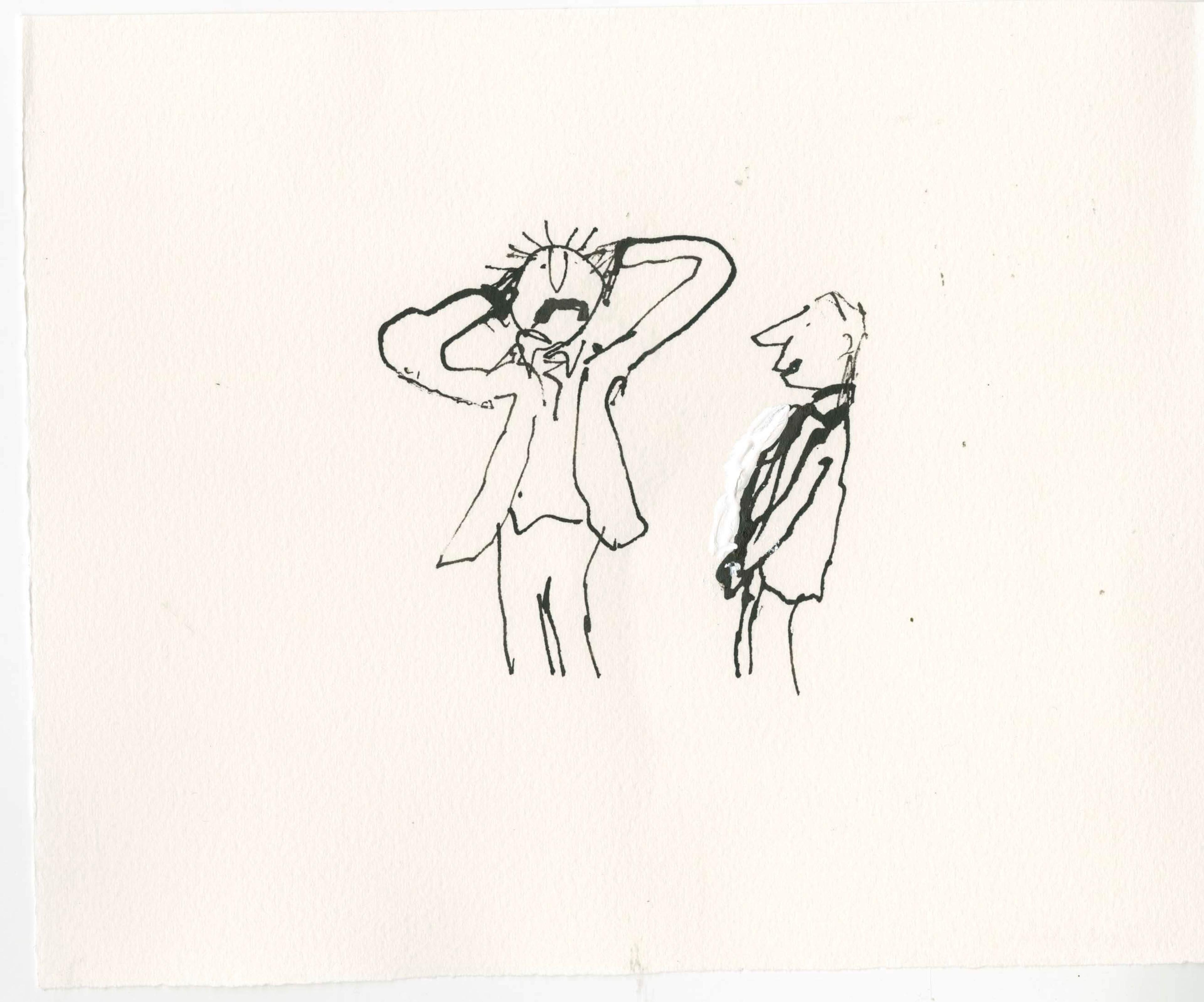 Simple drawing of an interaction between a frazzled man and a smiling man