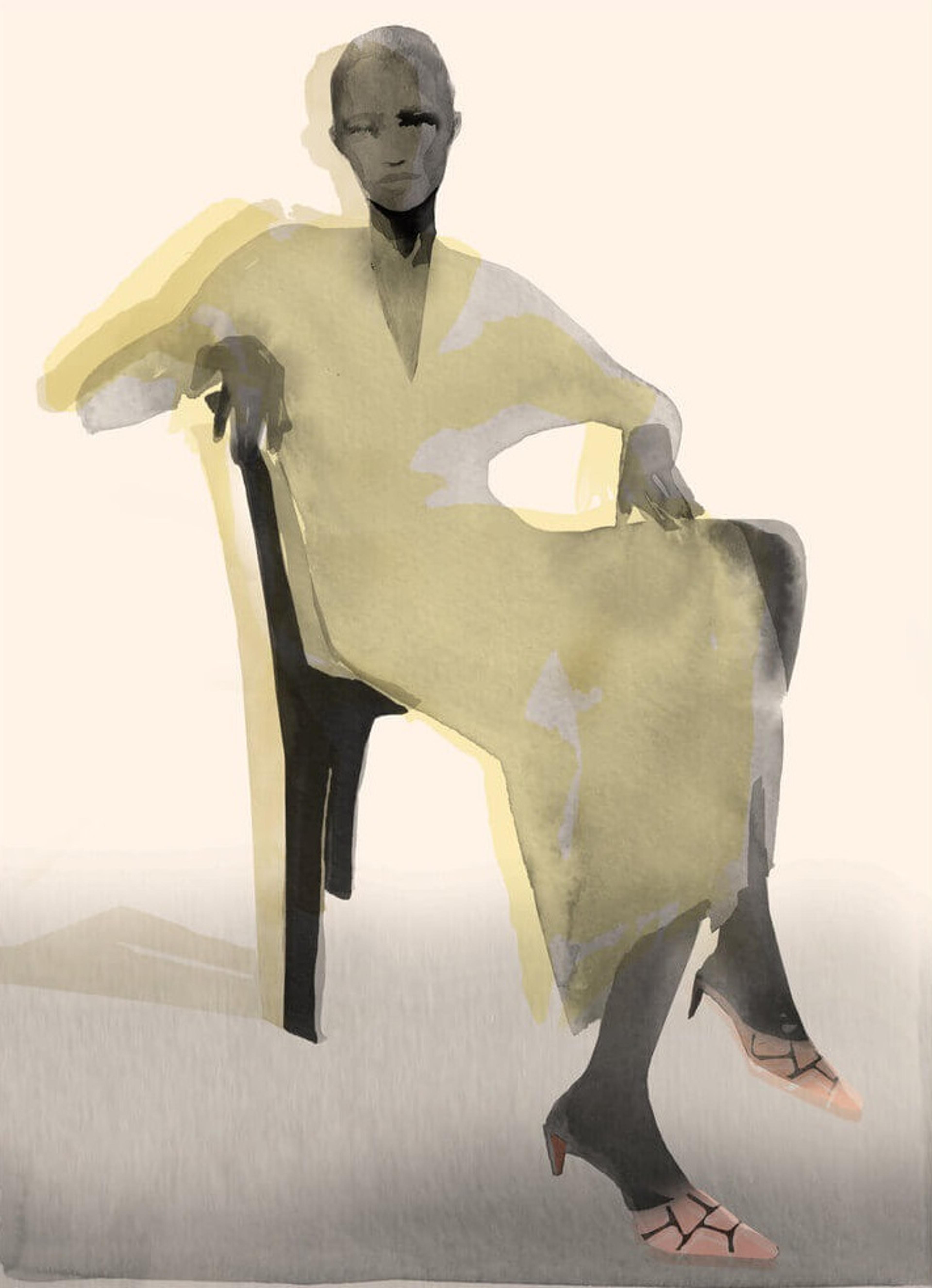 Illustration of seated figure in yellow dress