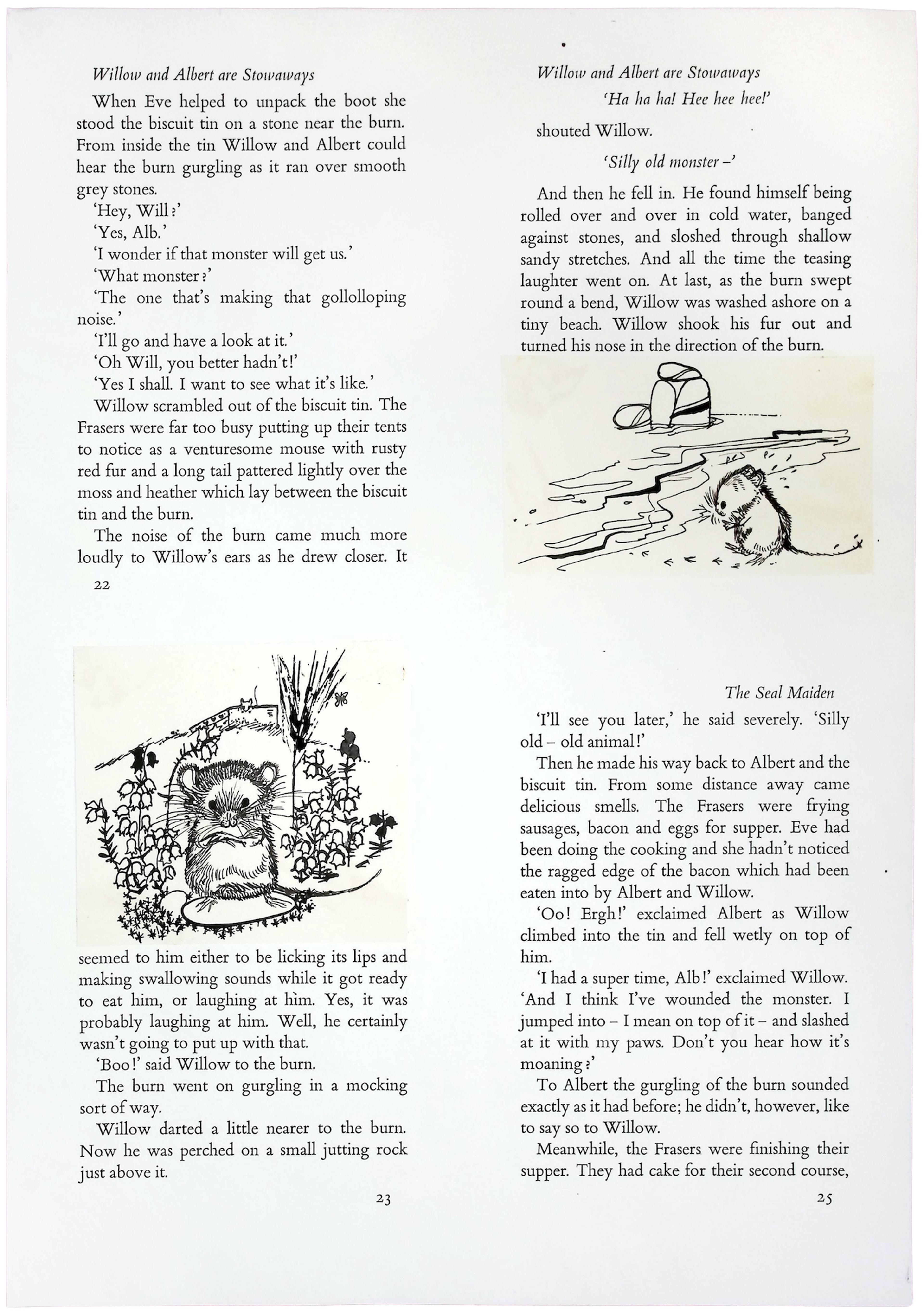 Book text with illustrations of mice pasted in gaps between paragraphs