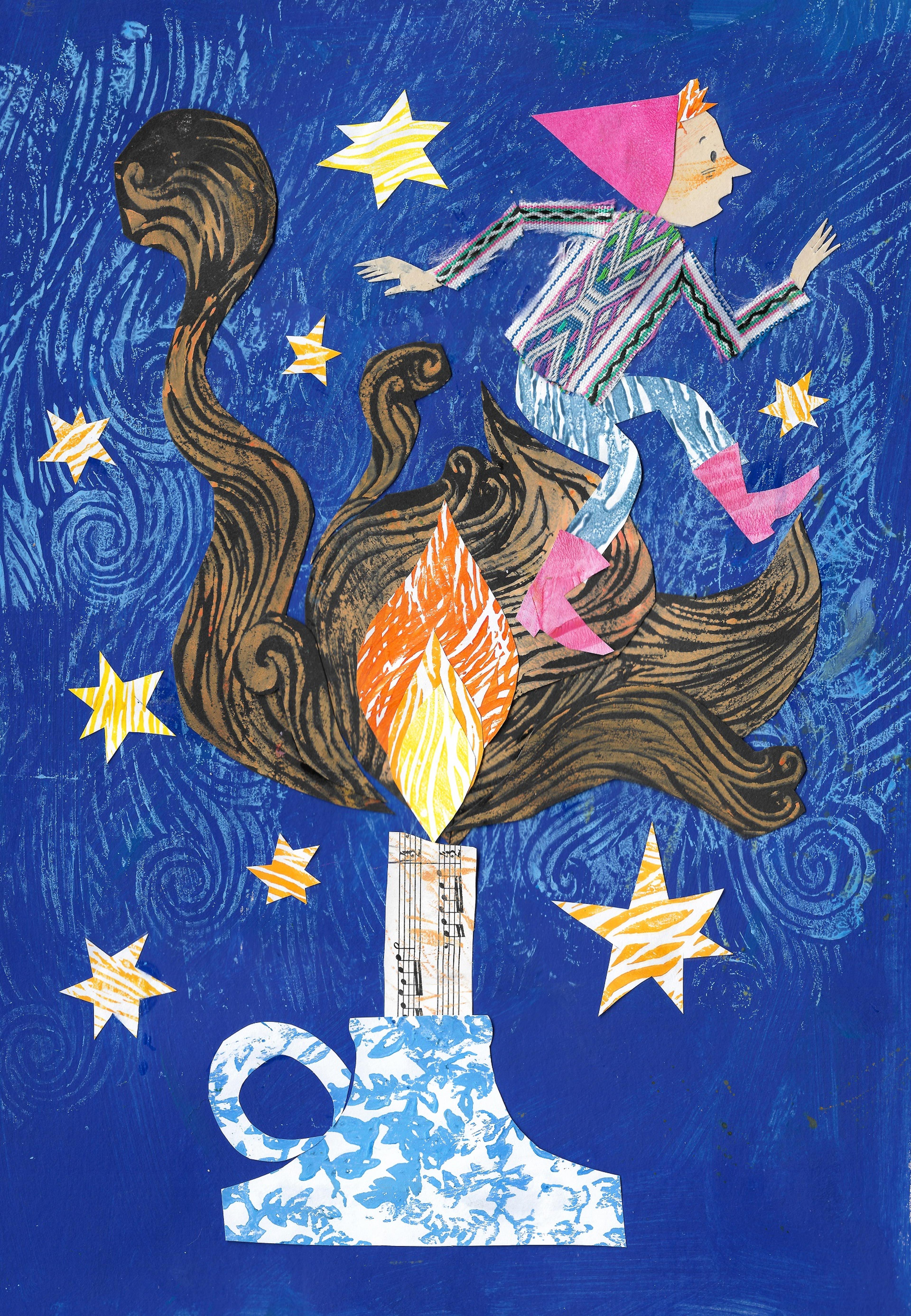 Collaged illustration of a person jumping over a candle