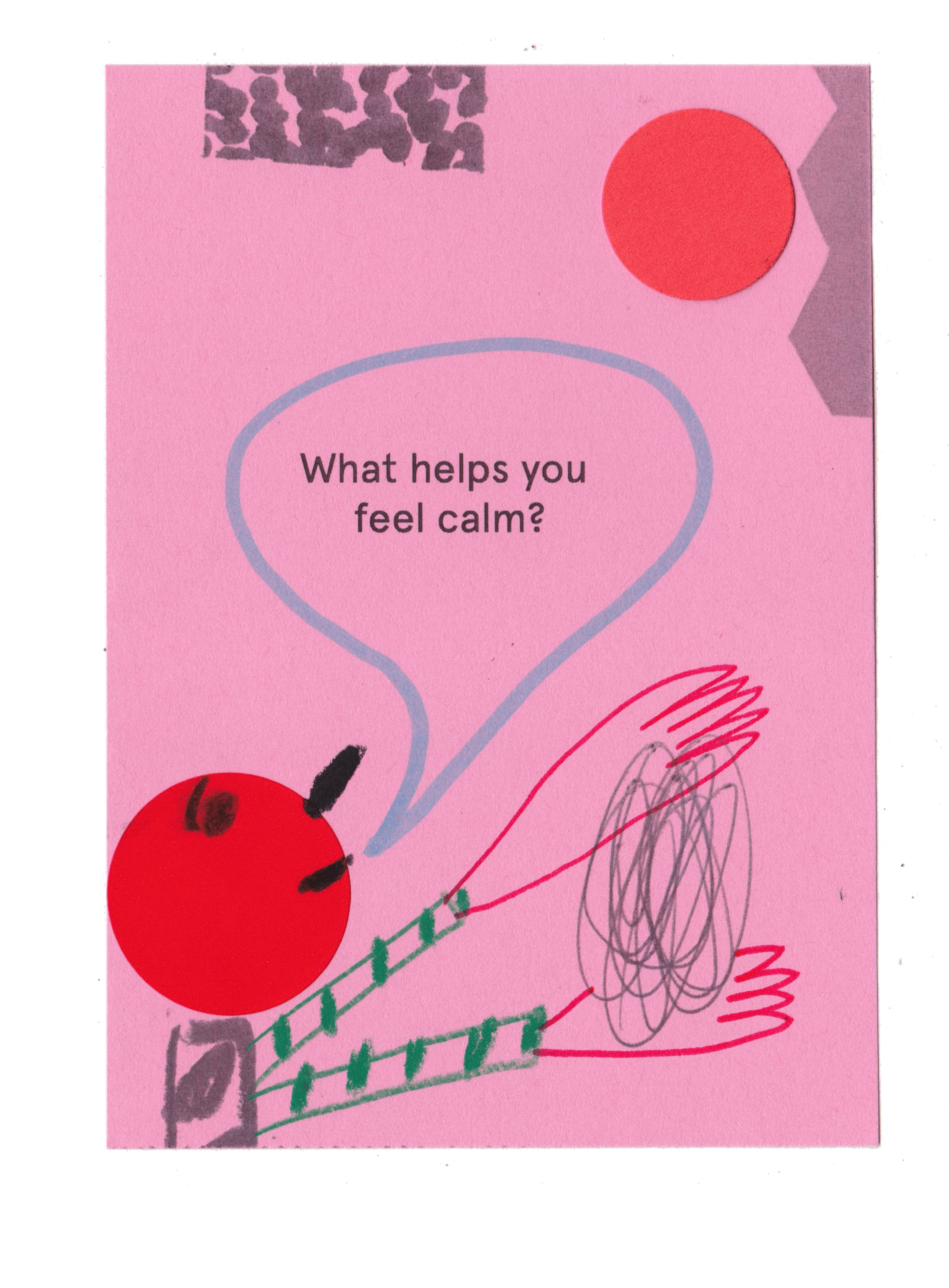 Collage of character with speech bubble saying ‘what helps you feel calm?’