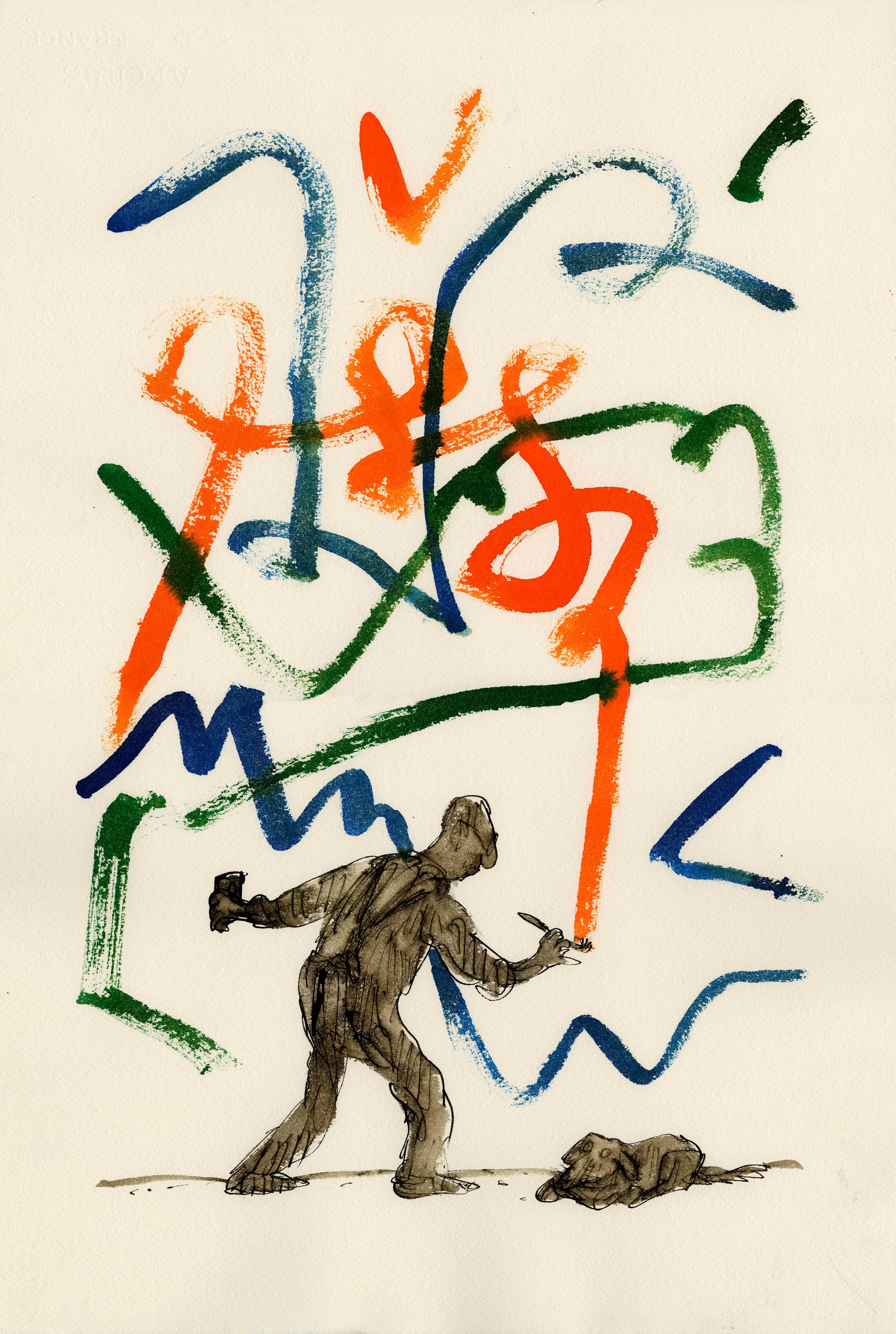 An illustration of a man holding a paintbrush and tin of paint, brushing colourful swirling patterns on a blank wall. A small dog lies at his feet.