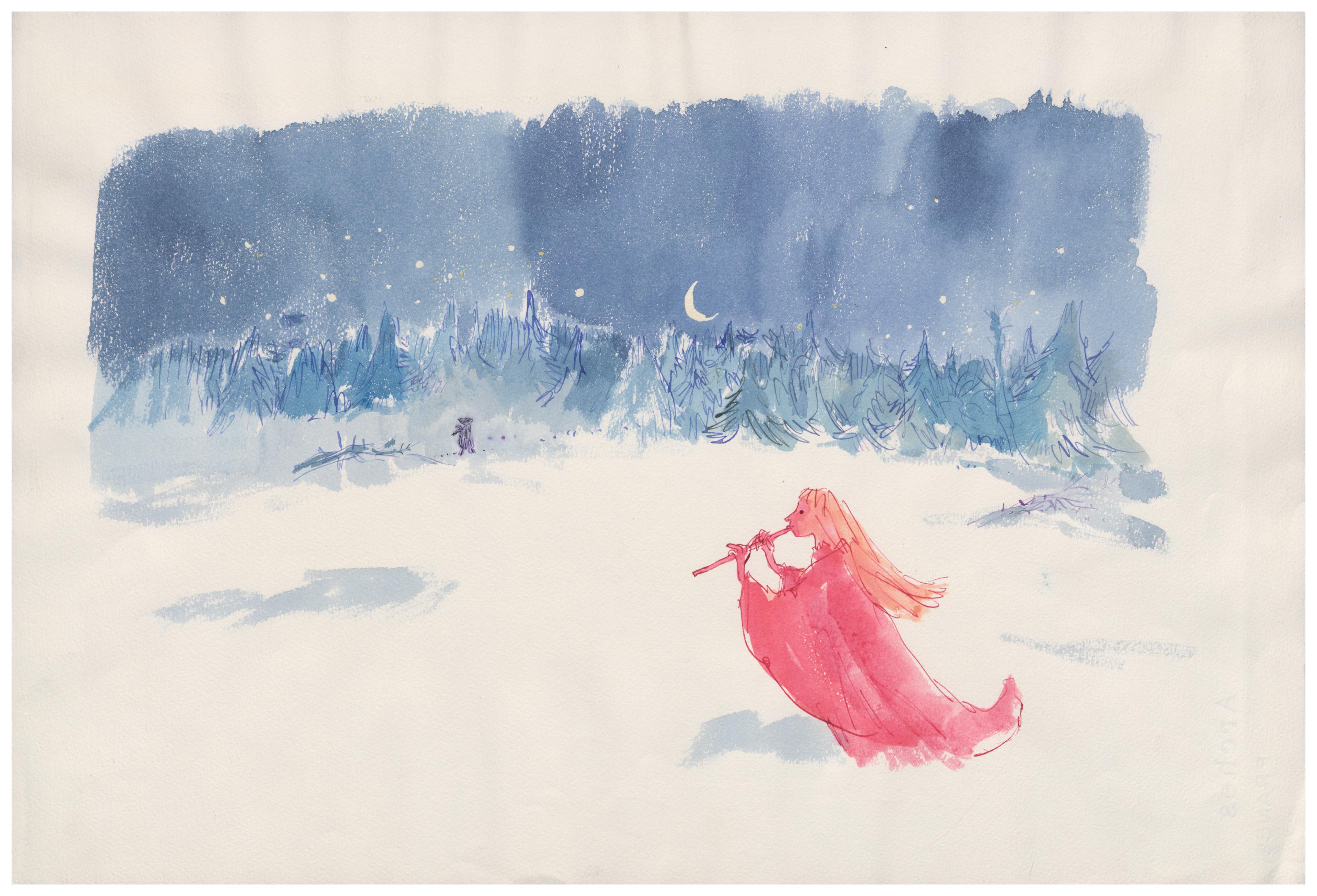 Drawing of a woman in a red cape playing a flute walking at night in the snow