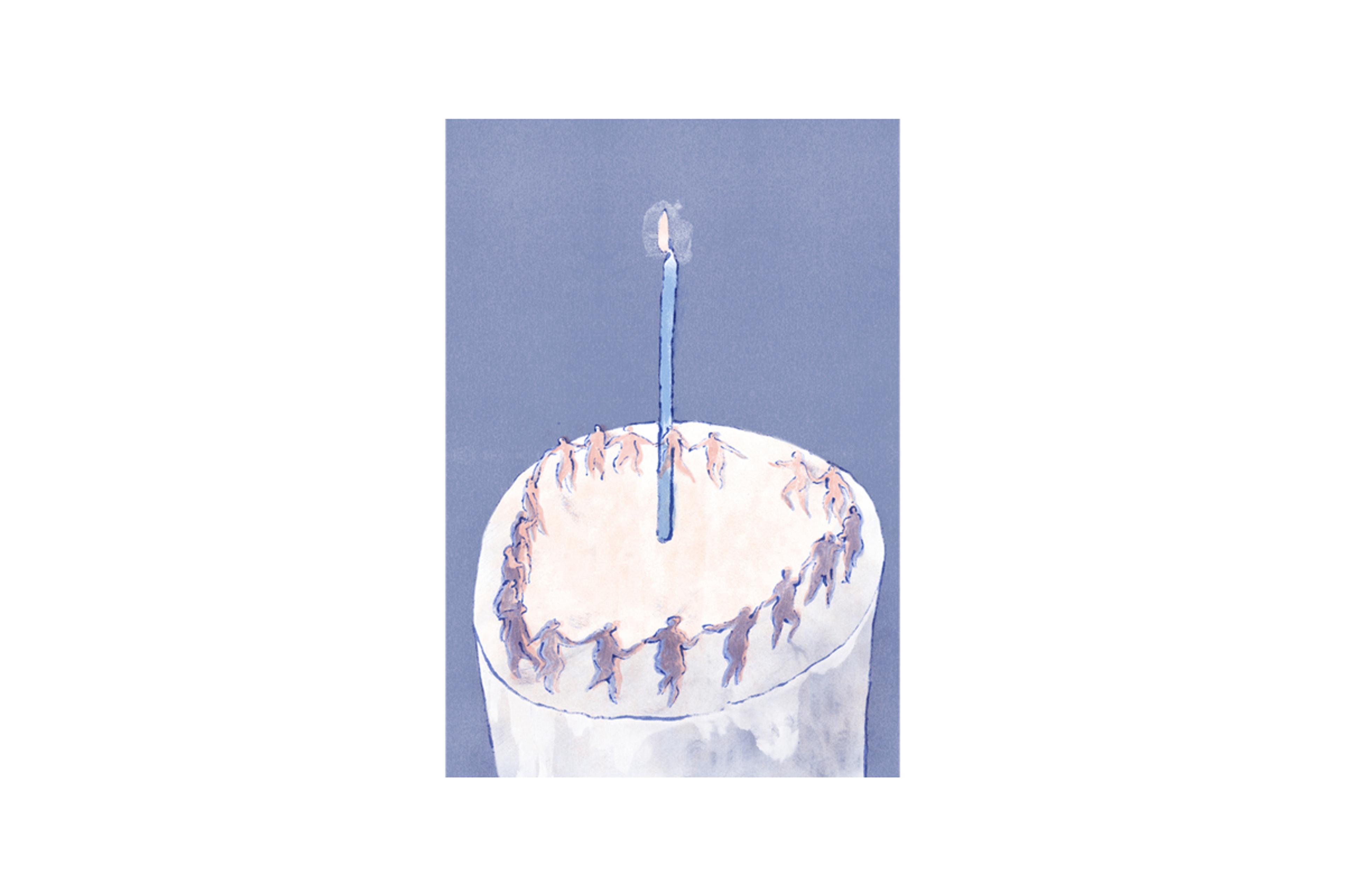 Illustration of people dancing around a candle on top of a birthday cake.