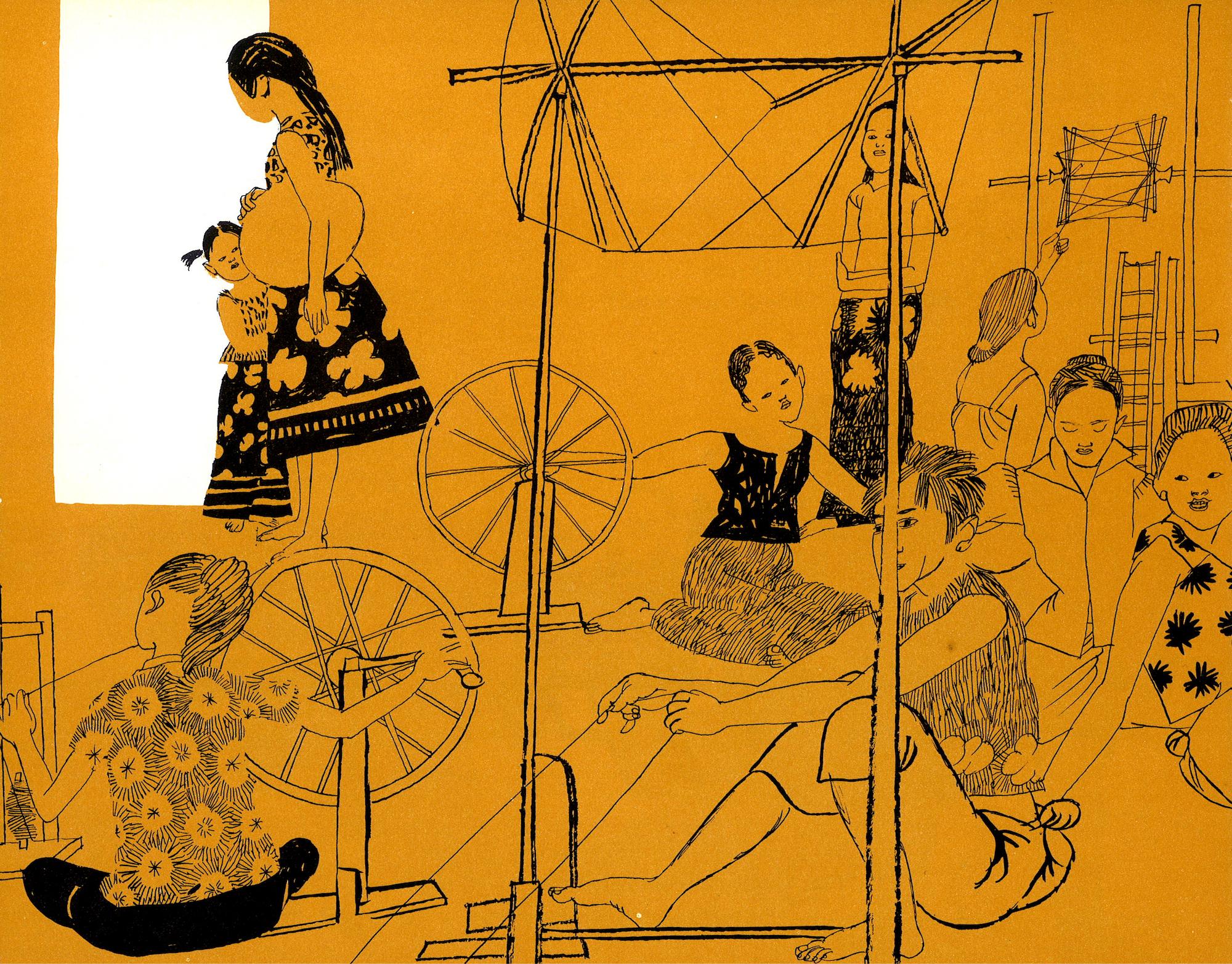 Drawing of four Thai dancers wearing pink, orange and yellow traditional costumes