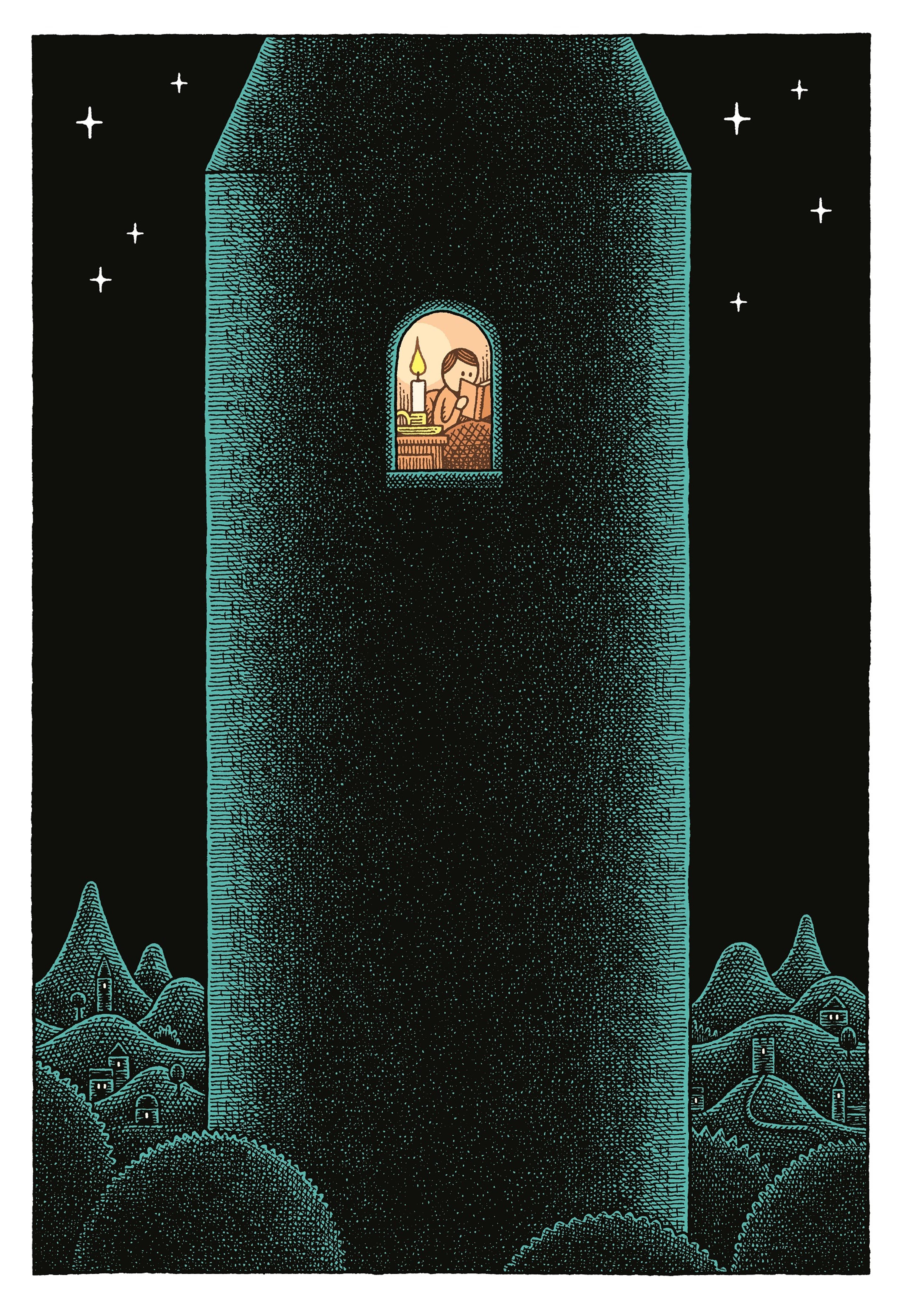 Illustration of a person reading by candlelight in a dark tower at night