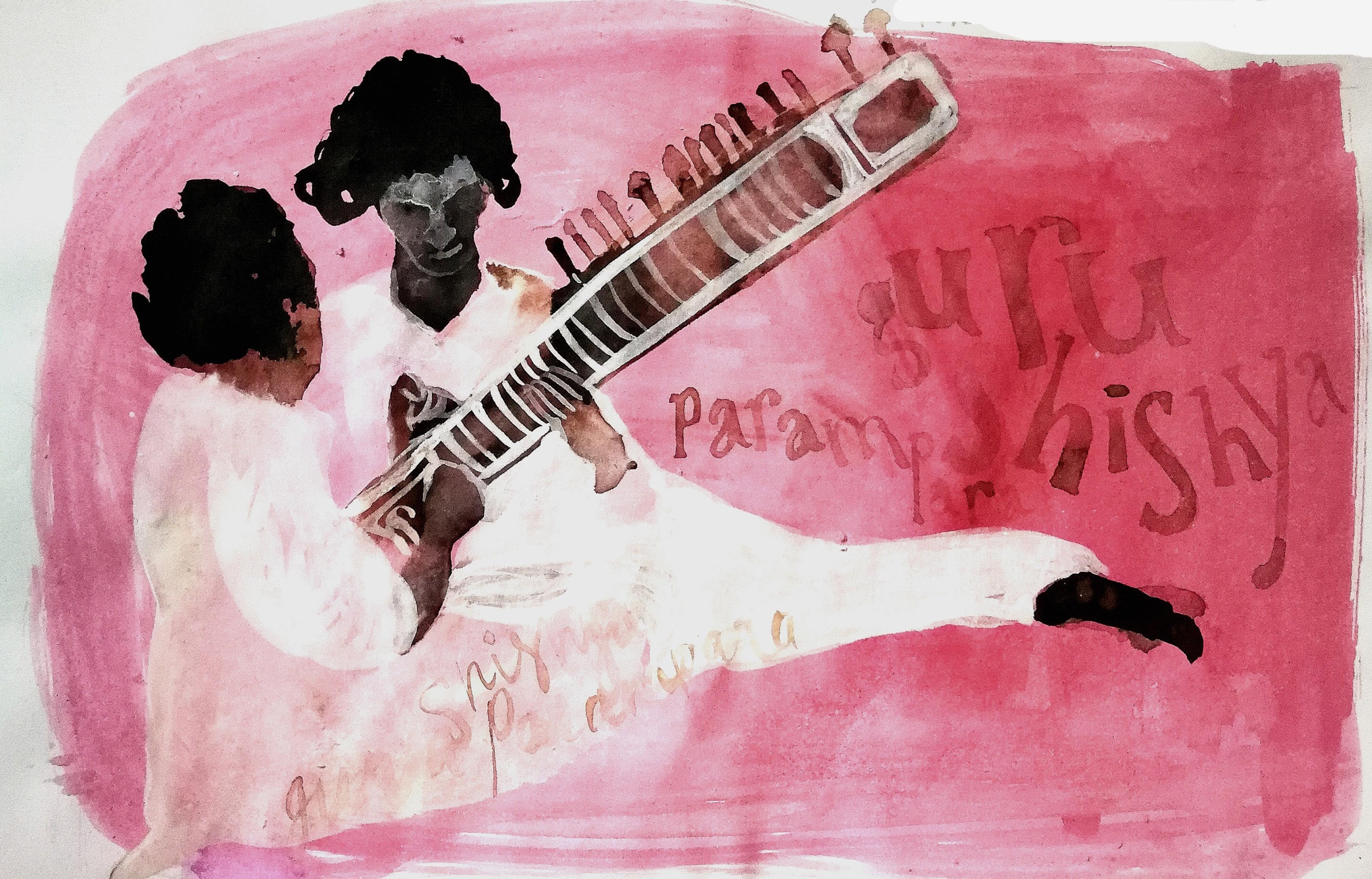Illustration of two people and a sitar, there is some text layered over it.