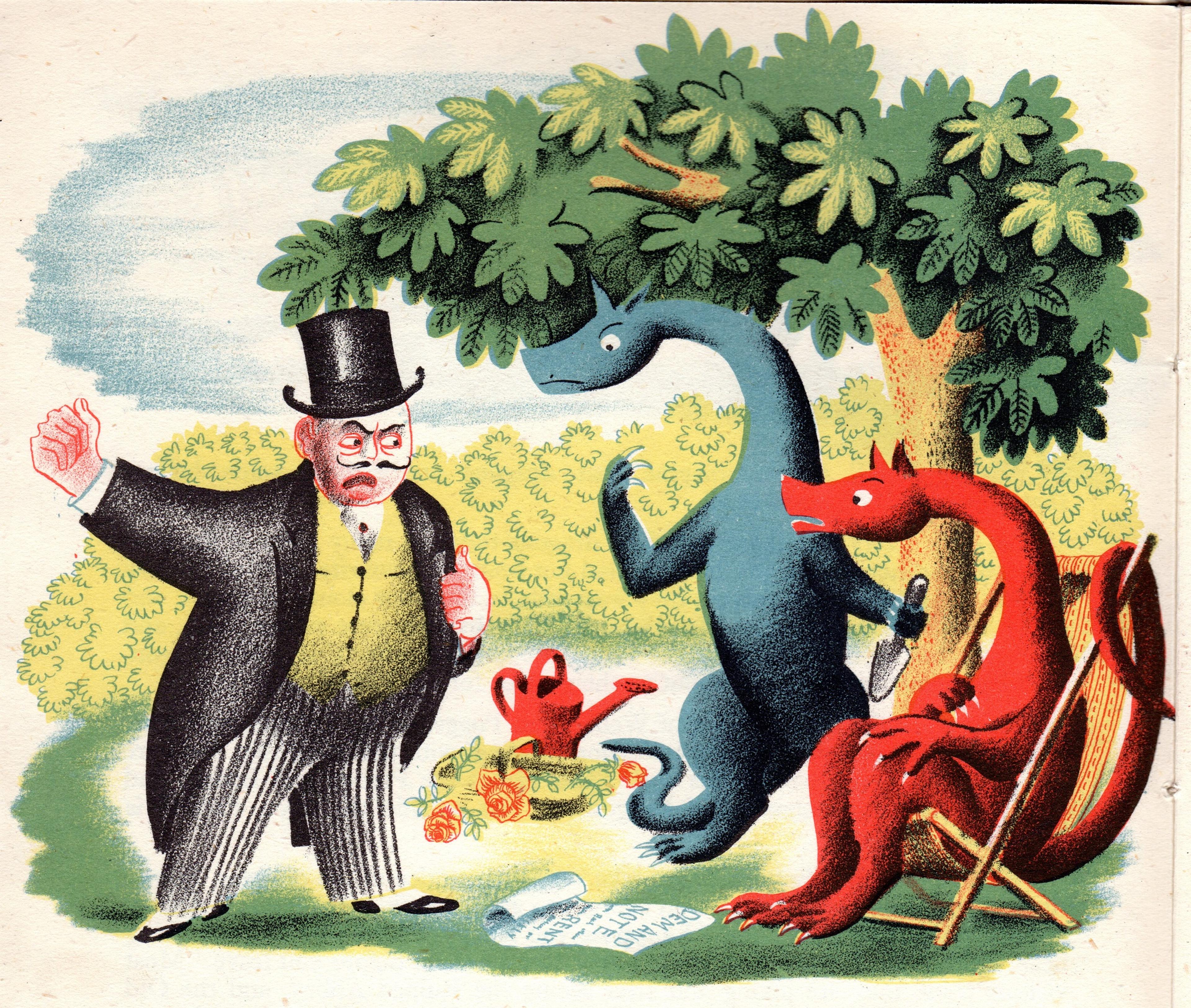 Illustration of man in top hat shouting at two dragons