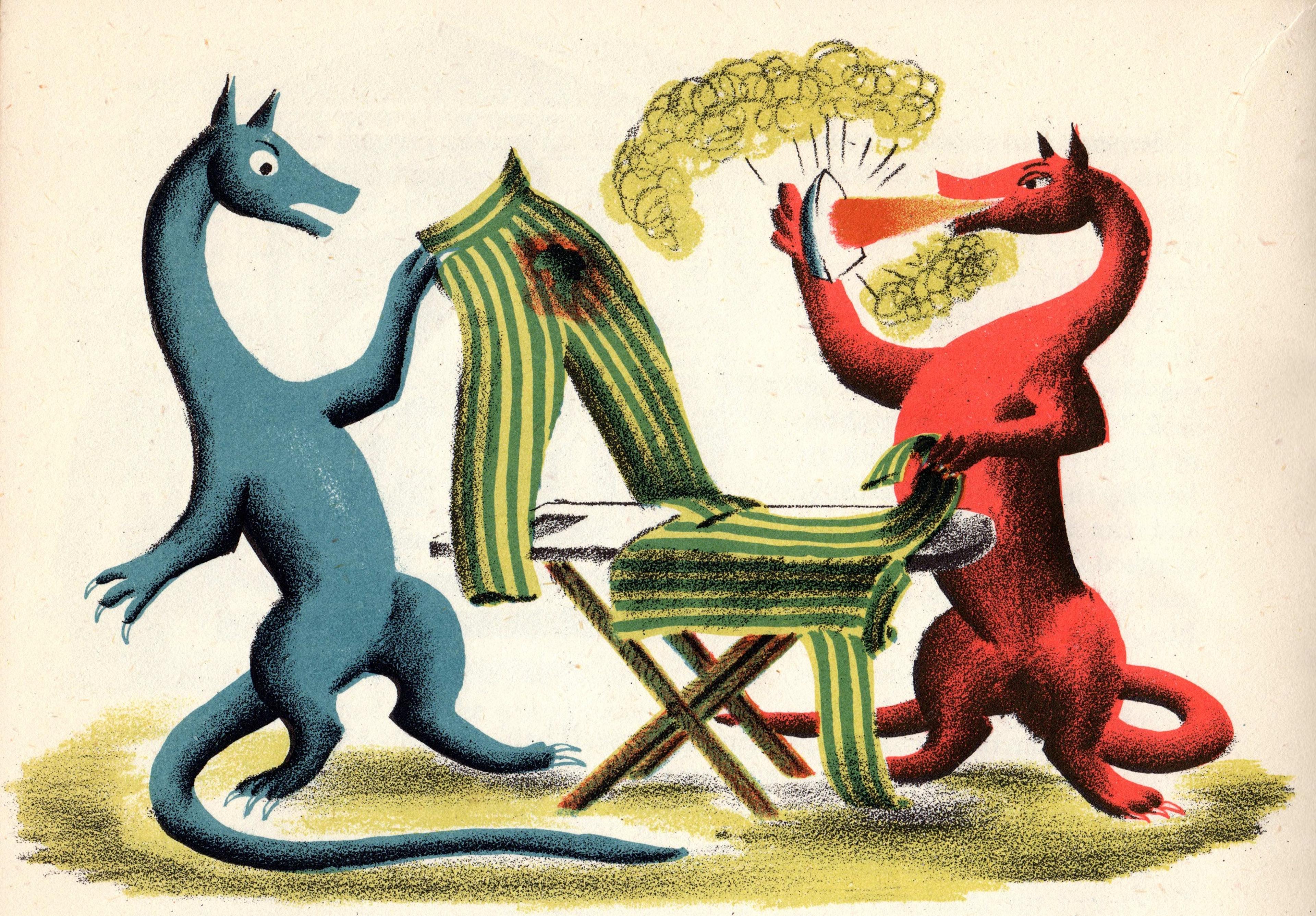 Three people, two dragons and a cat having a tea party