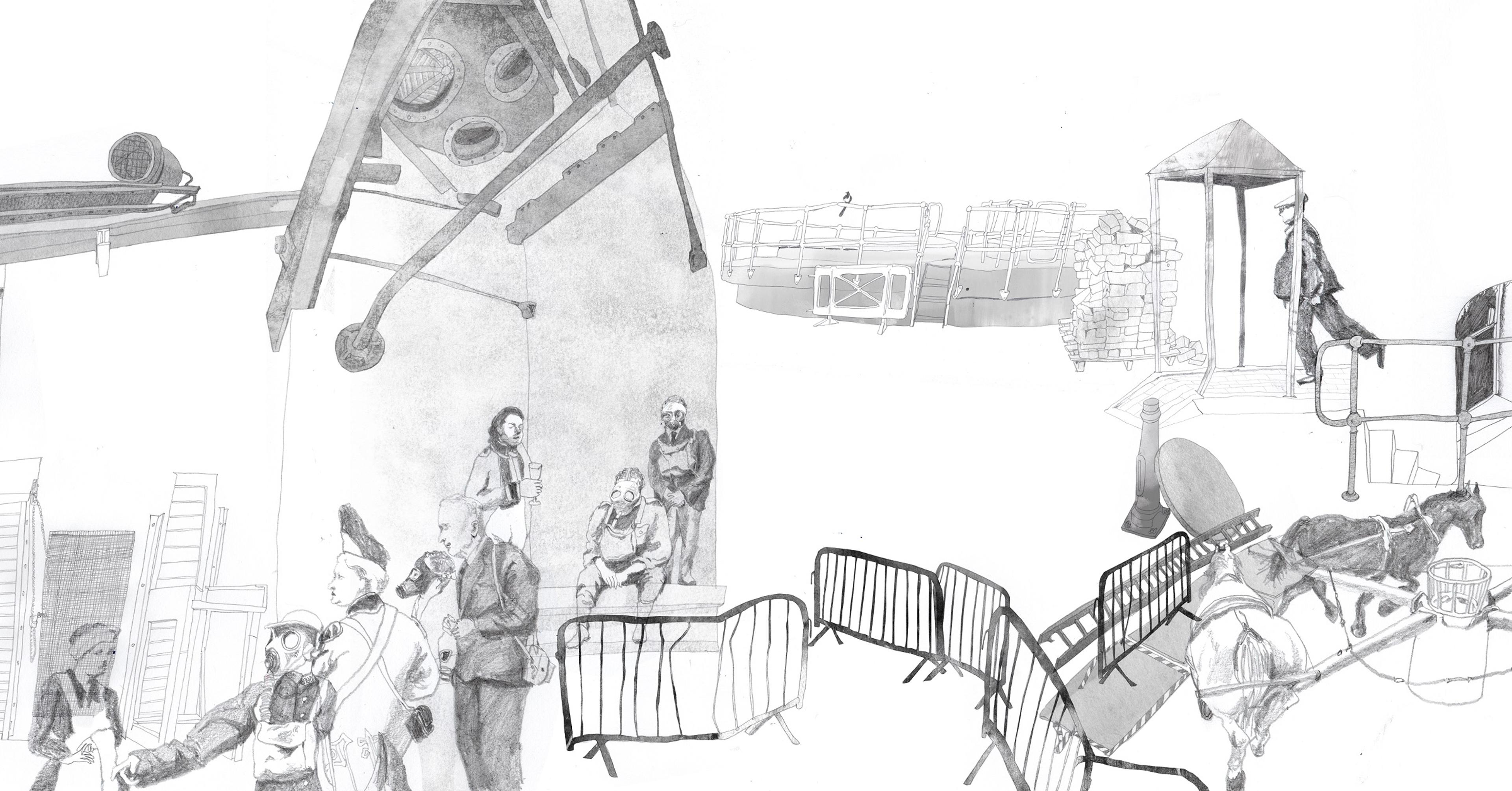 Pencil sketch showing industrial interior with a woman in 1920s dress, people in old military dress and people in gas masks and exterior scene with crash barriers and working horses