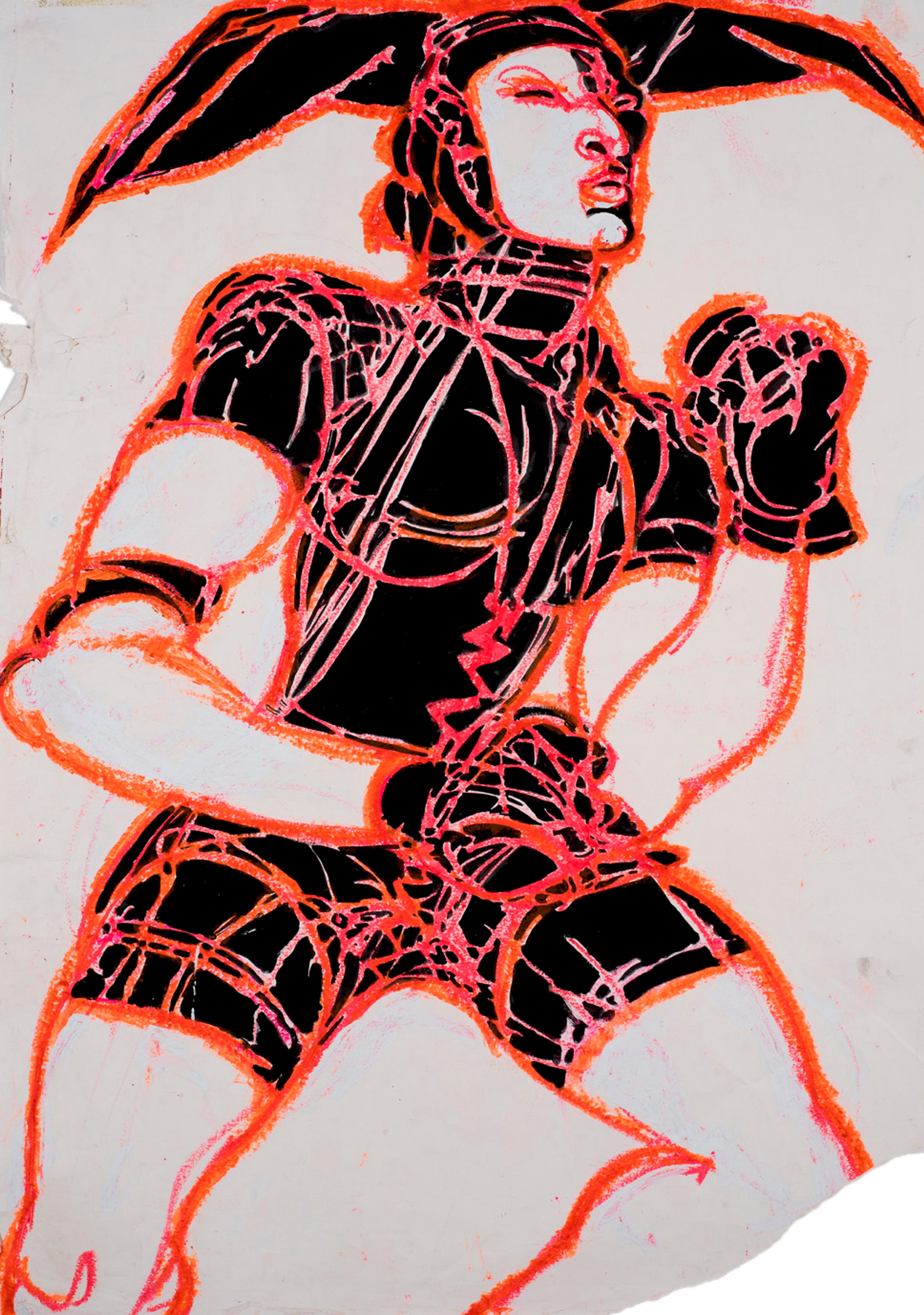 A drawing of a person dancing dressed in a black bodysuit, gloves and hat. They are drawn with red and orange lines on white paper.