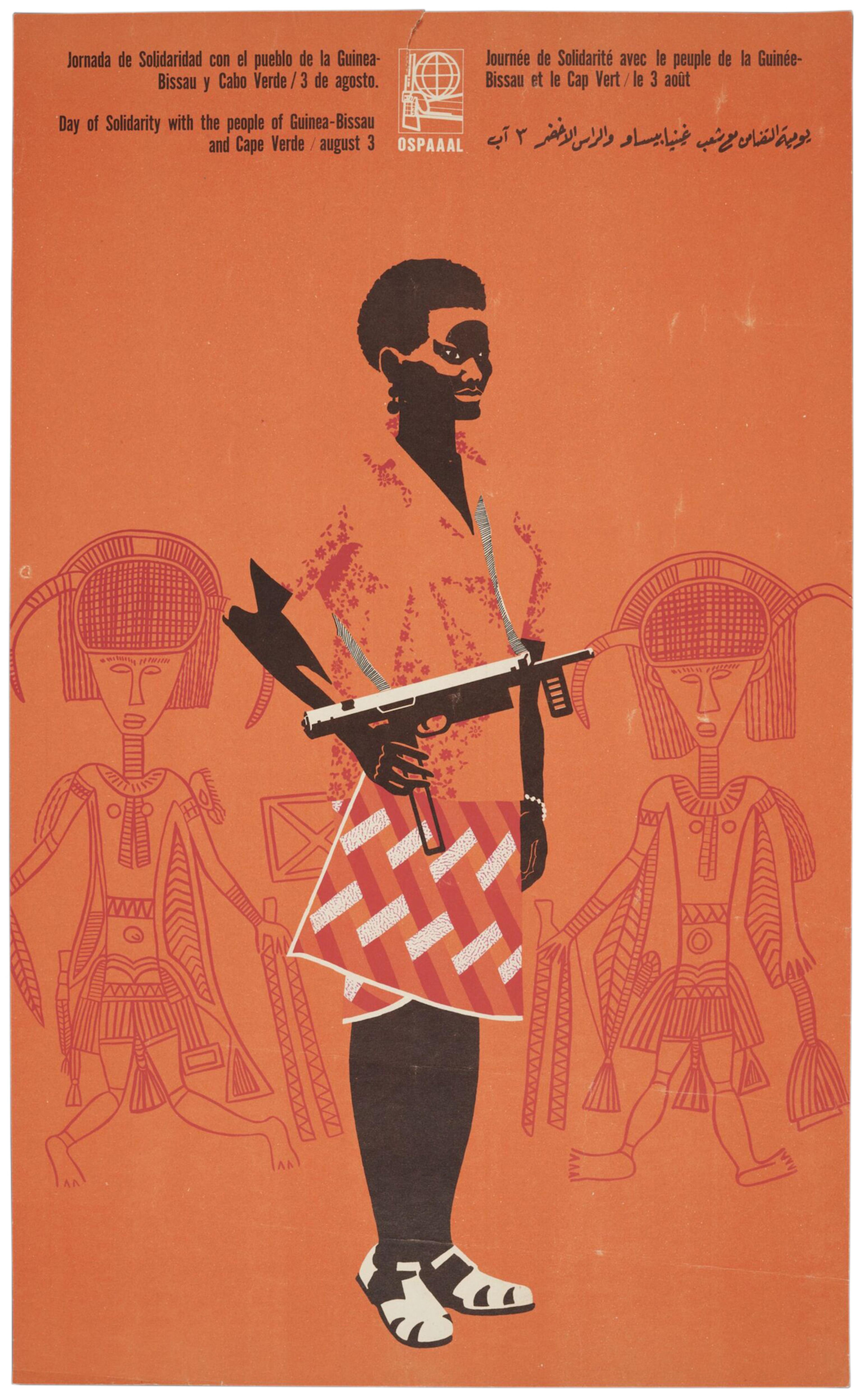 Poster depicting an armed woman soldier on an orange ground, advertising August 3rd as a day of solidarity with the people of Guinea and Cape Verde.