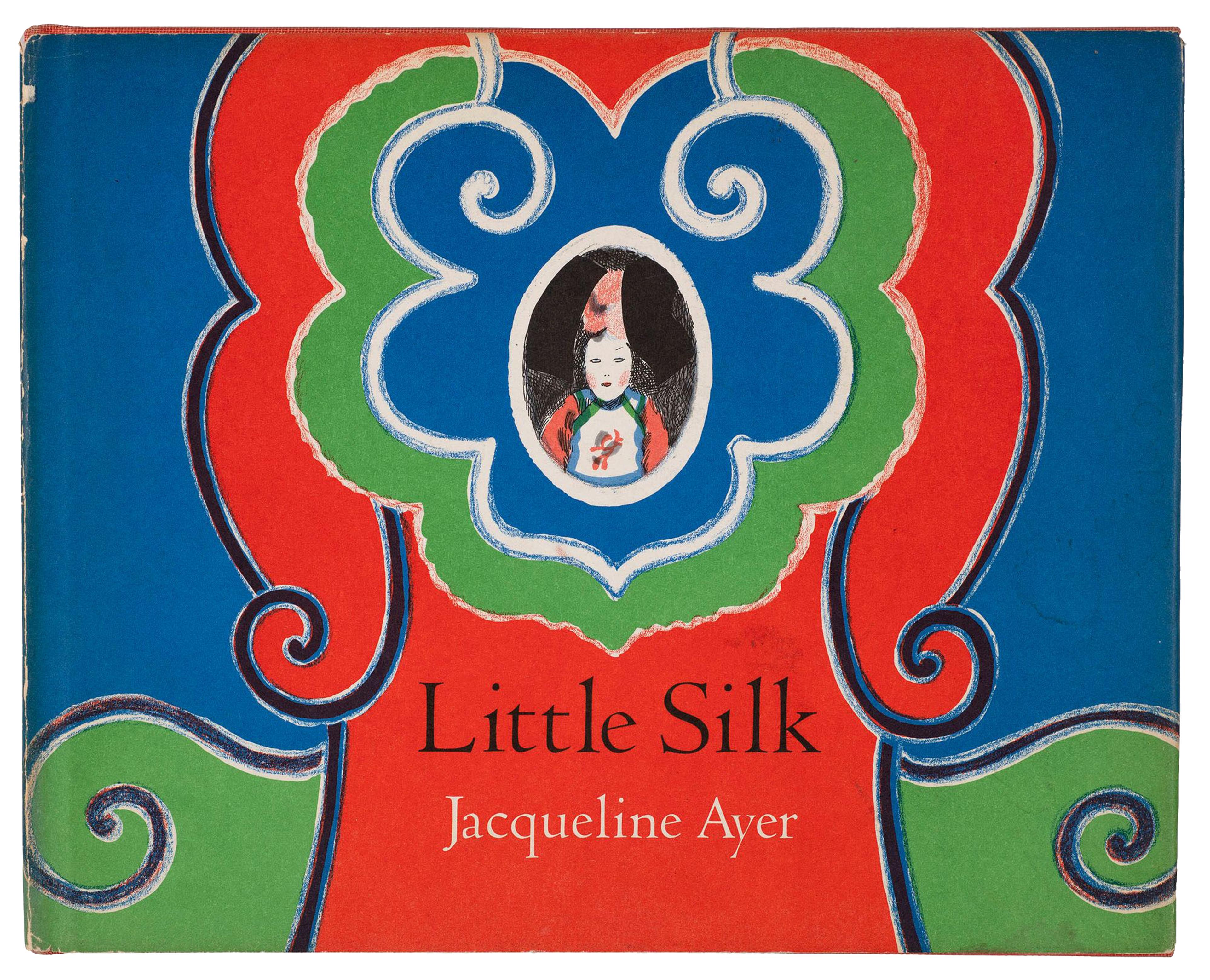 Cover of Little Silk book which has bright red, green and blue patterns and an illustration of the doll.