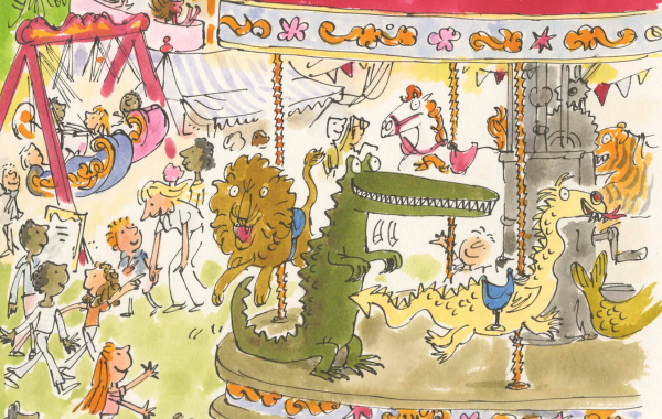 Illustration of a lively carousel with whimsical animals like a lion and crocodile. People cheer around, capturing a playful, festive atmosphere.
