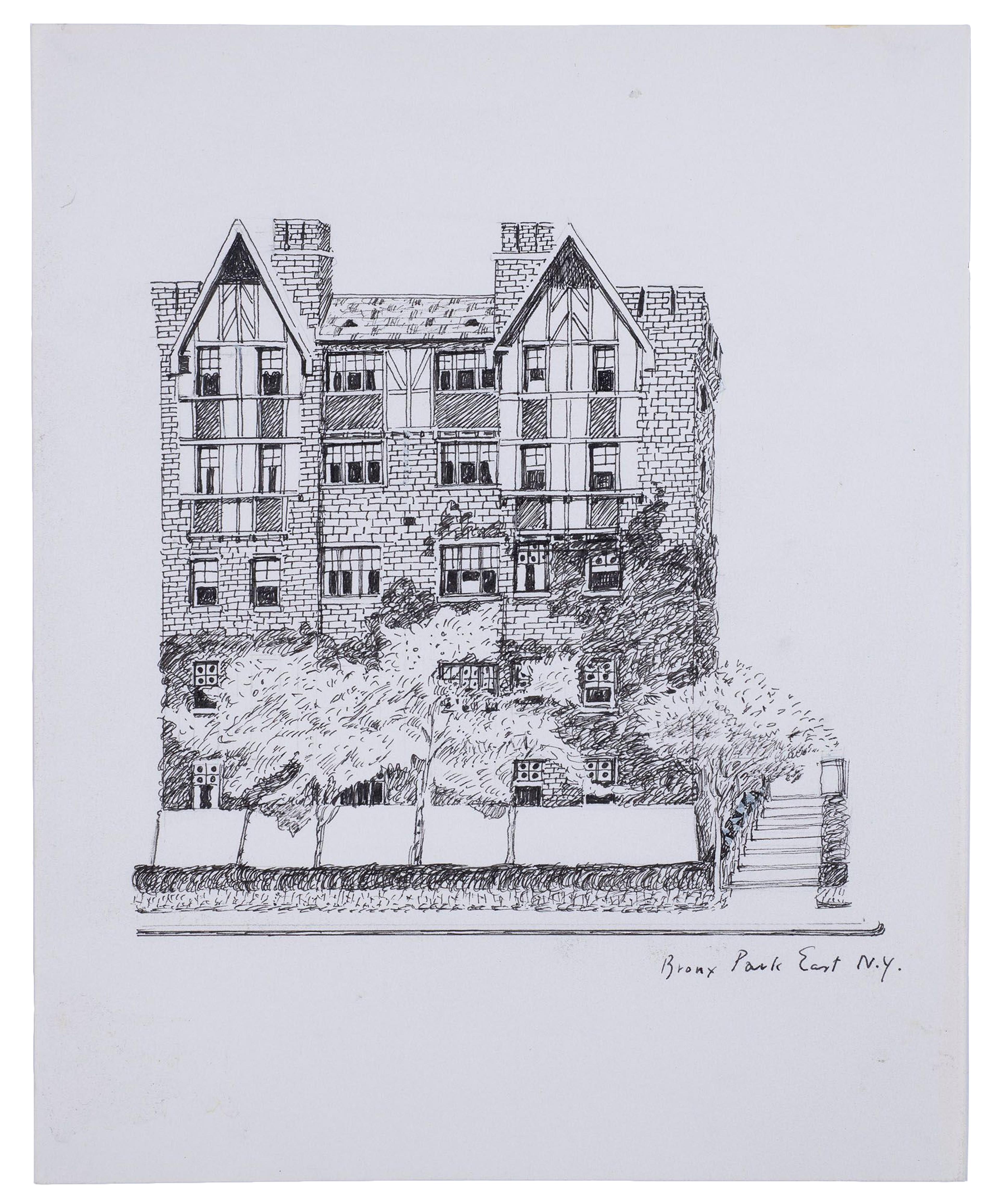 Black and white drawing of a large mock Tudor apartment complex surround by trees