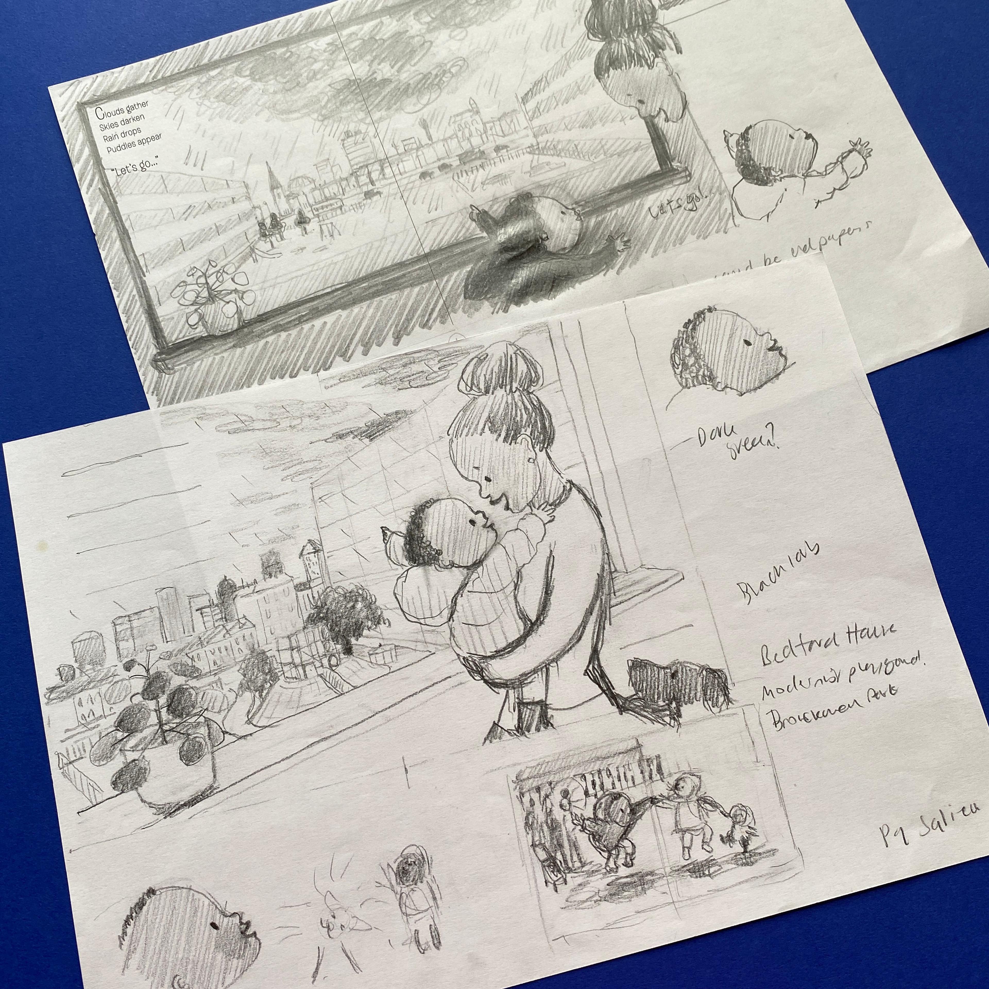 Two sheets of paper with pencil illustrations of work in progress drawings.