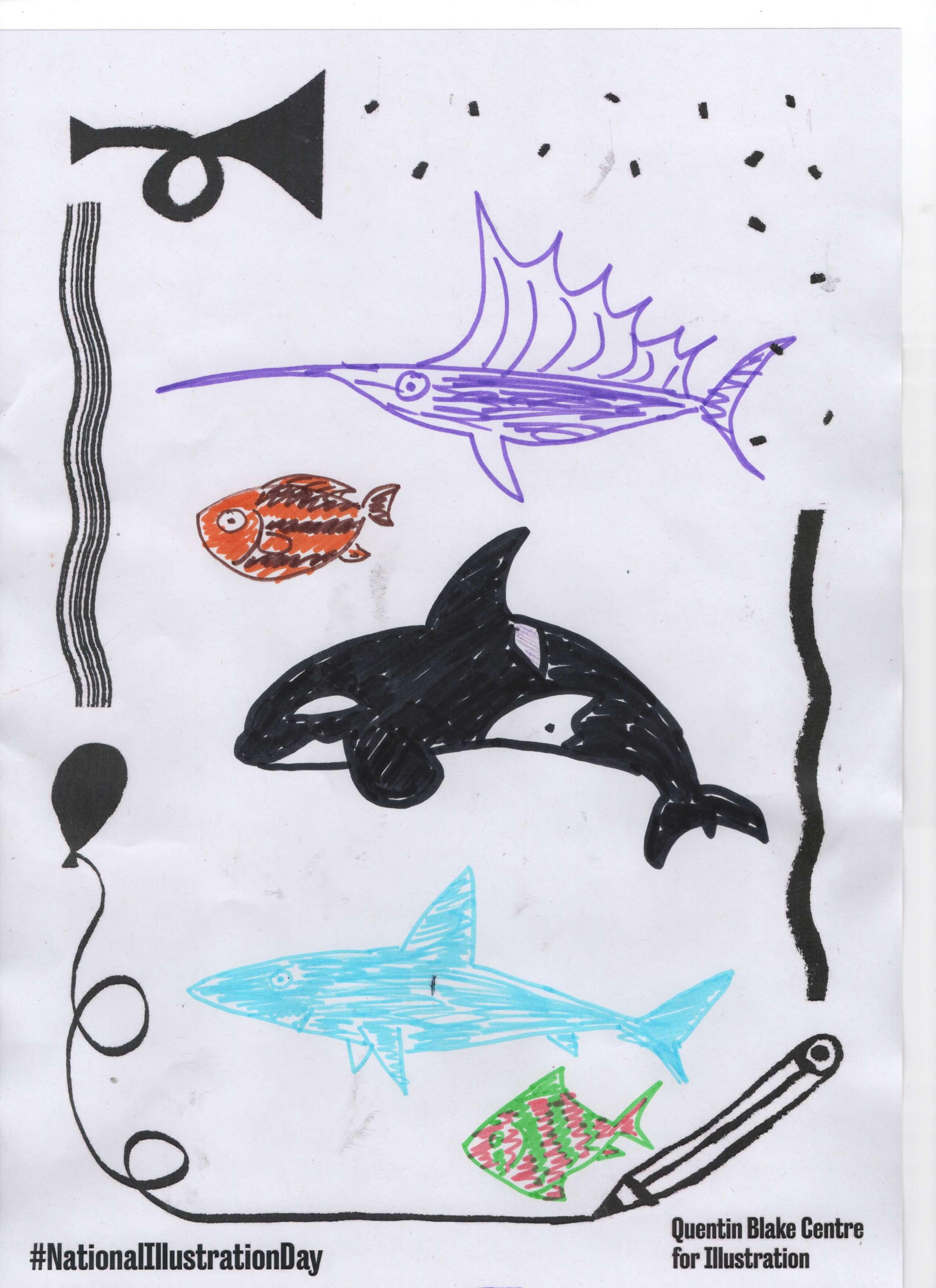 Illustration of different marine animals including fish, a swordfish, a shark and a killer whale