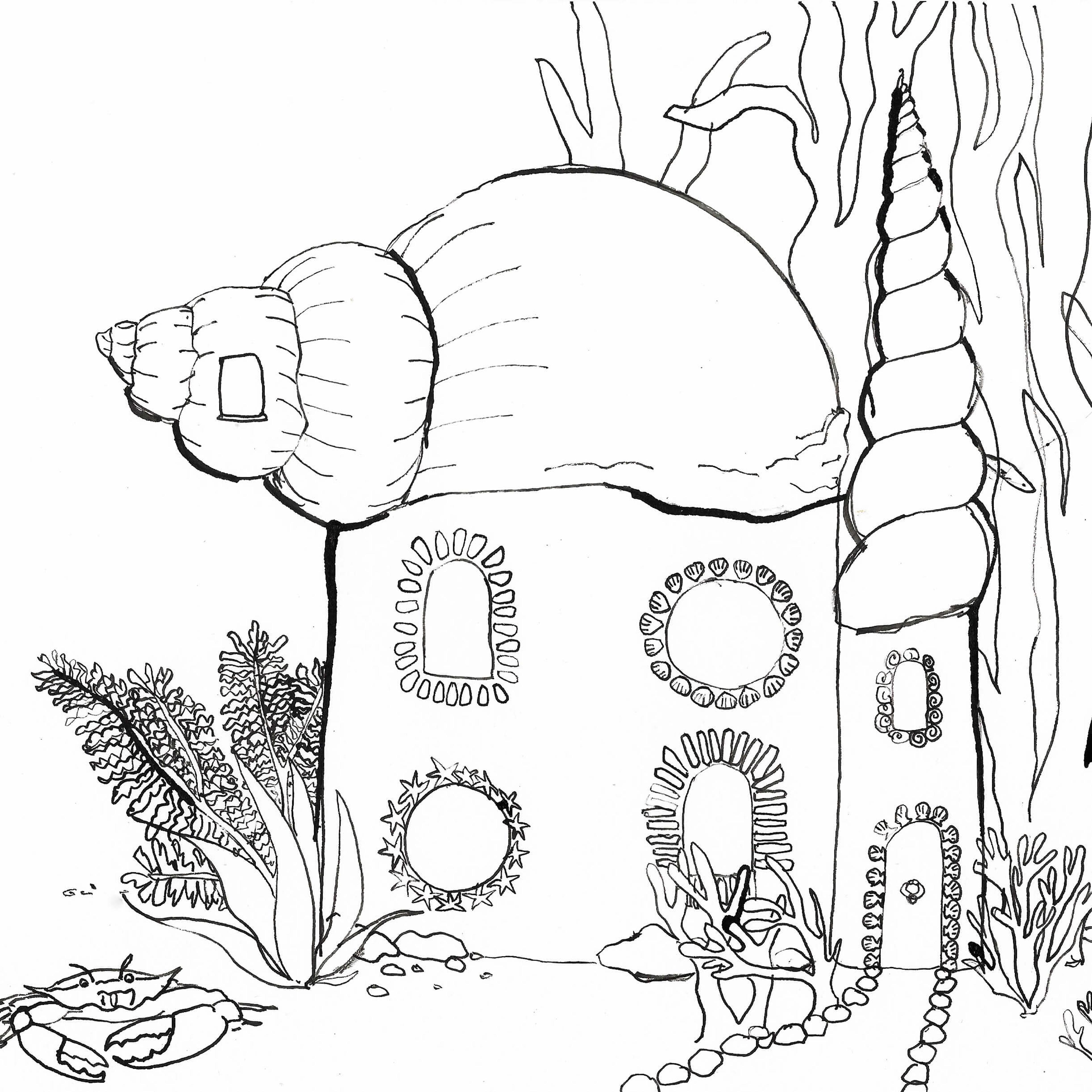 An ink illustration of a house with a conch shell as a roof, surrounded by corals