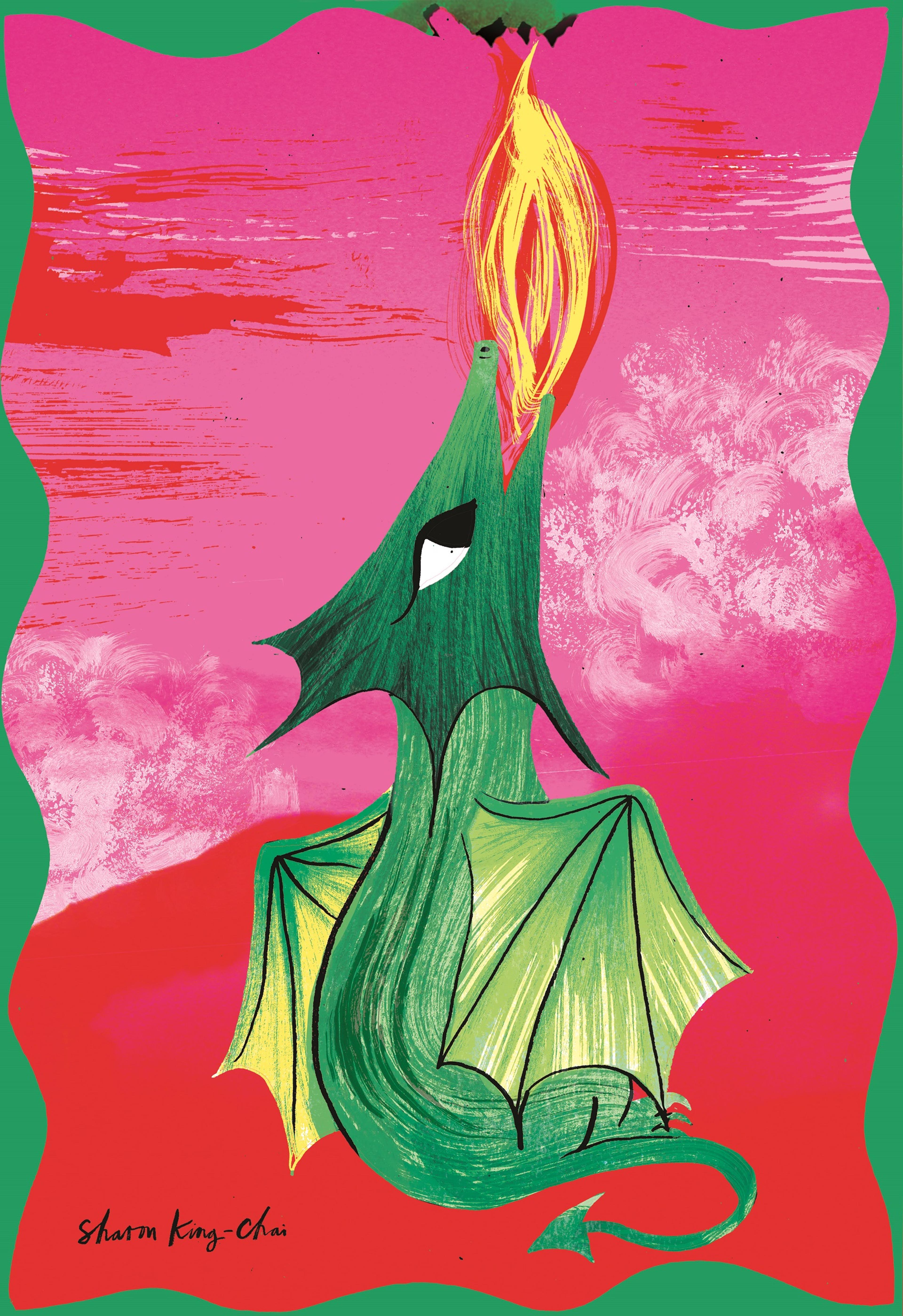 Illustration of a green dragon breathing fire against a pink background