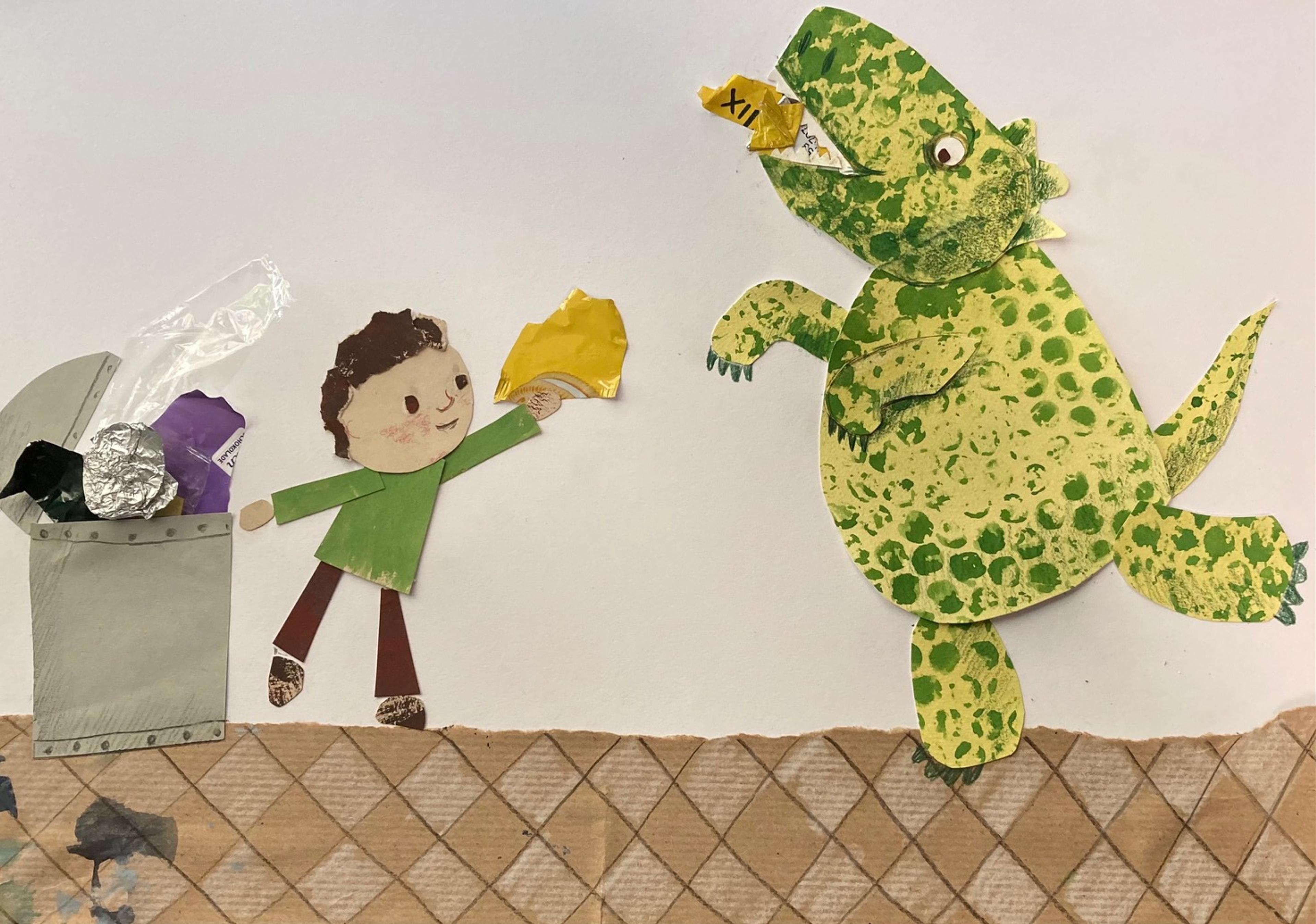 Collage of a child recycling by feeding plastic to a dinosaur.