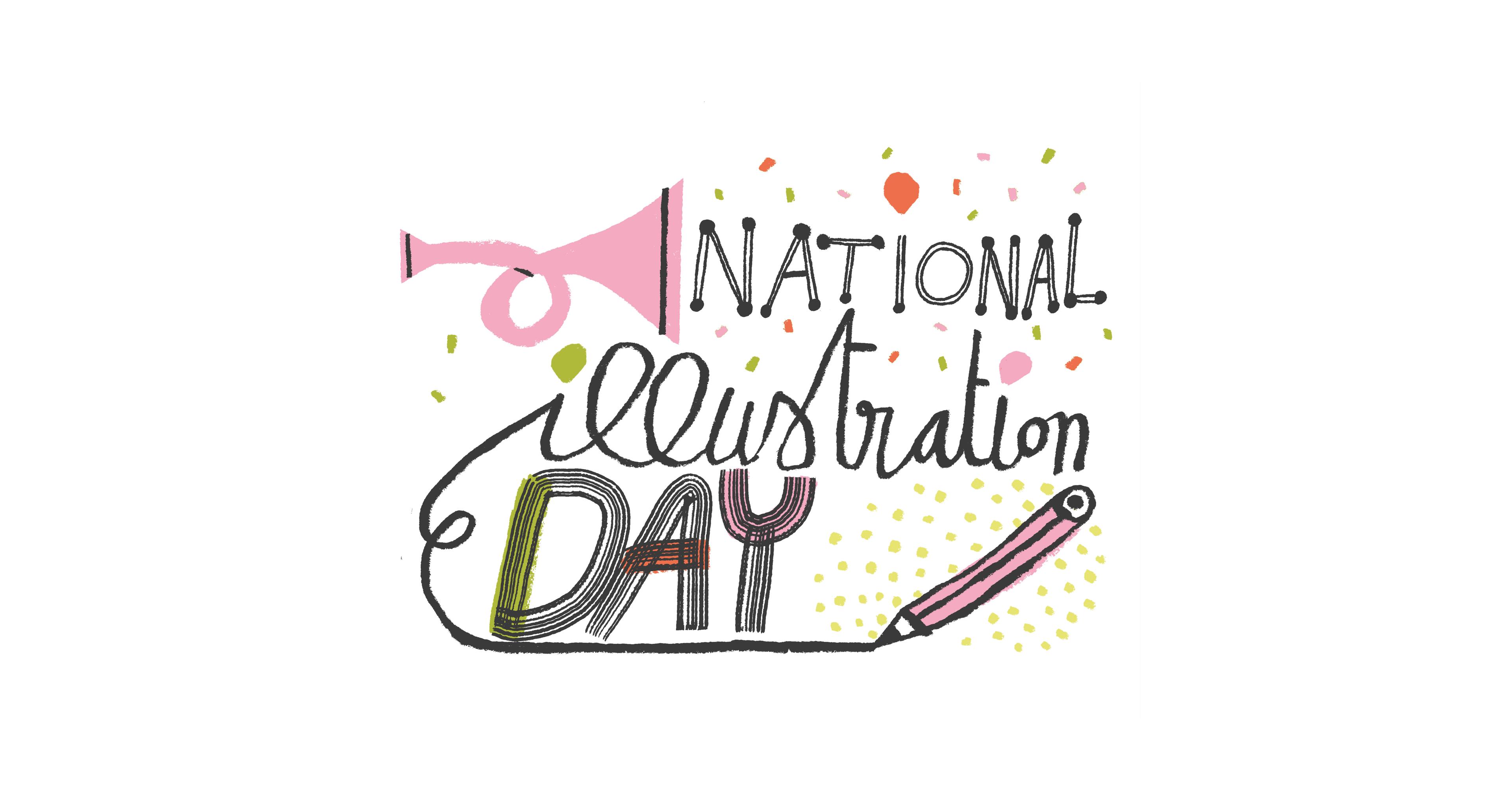 National Illustration Day logo with illustrated pencil, horn and confetti.