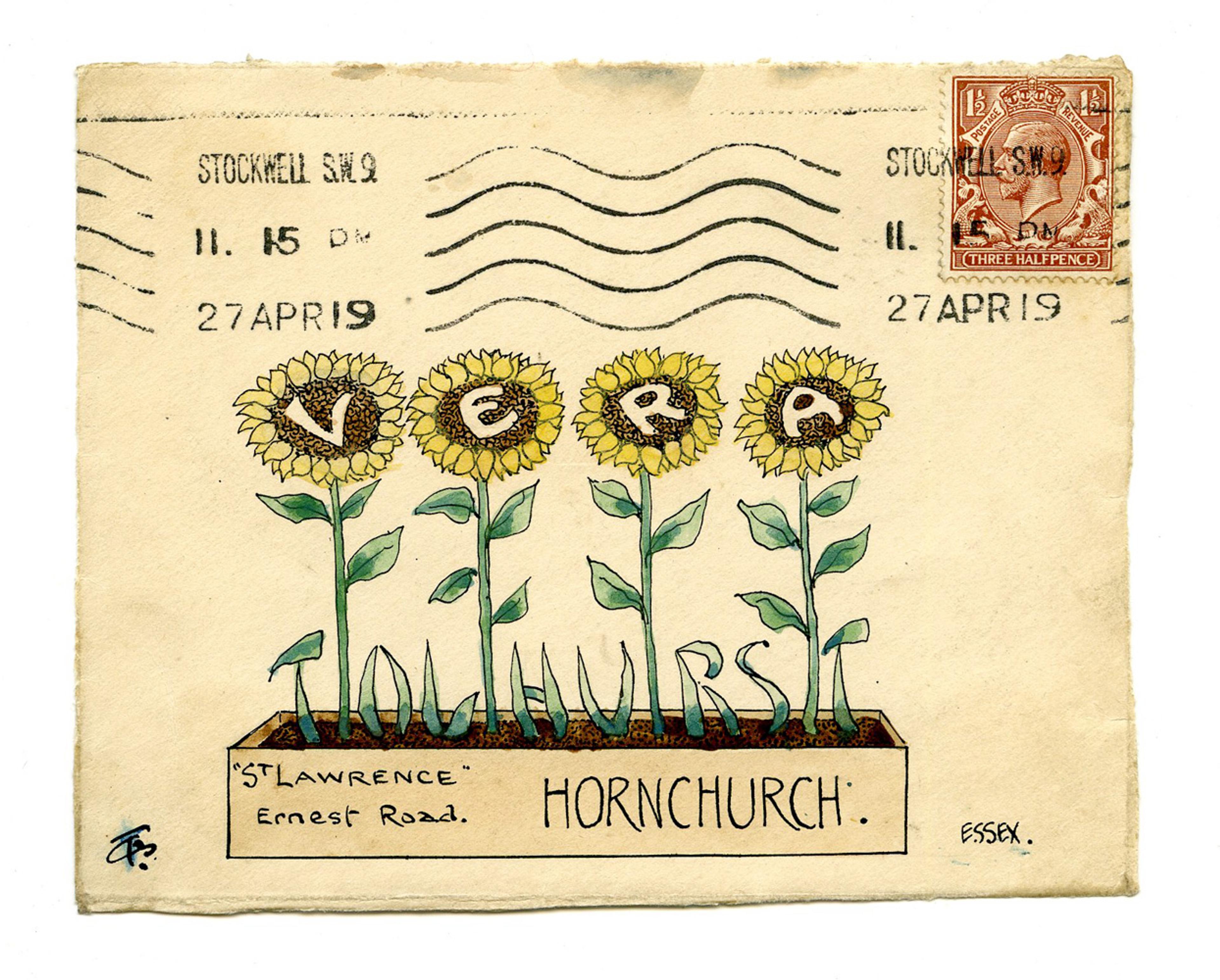 An envelope which has been illustrated with four yellow sunflowers growing out of a window box planter. The sunflowers have the letters "V E R A" in their centres and the address "St Lawrence, Ernest Road, Hornchurch" is written on the box.